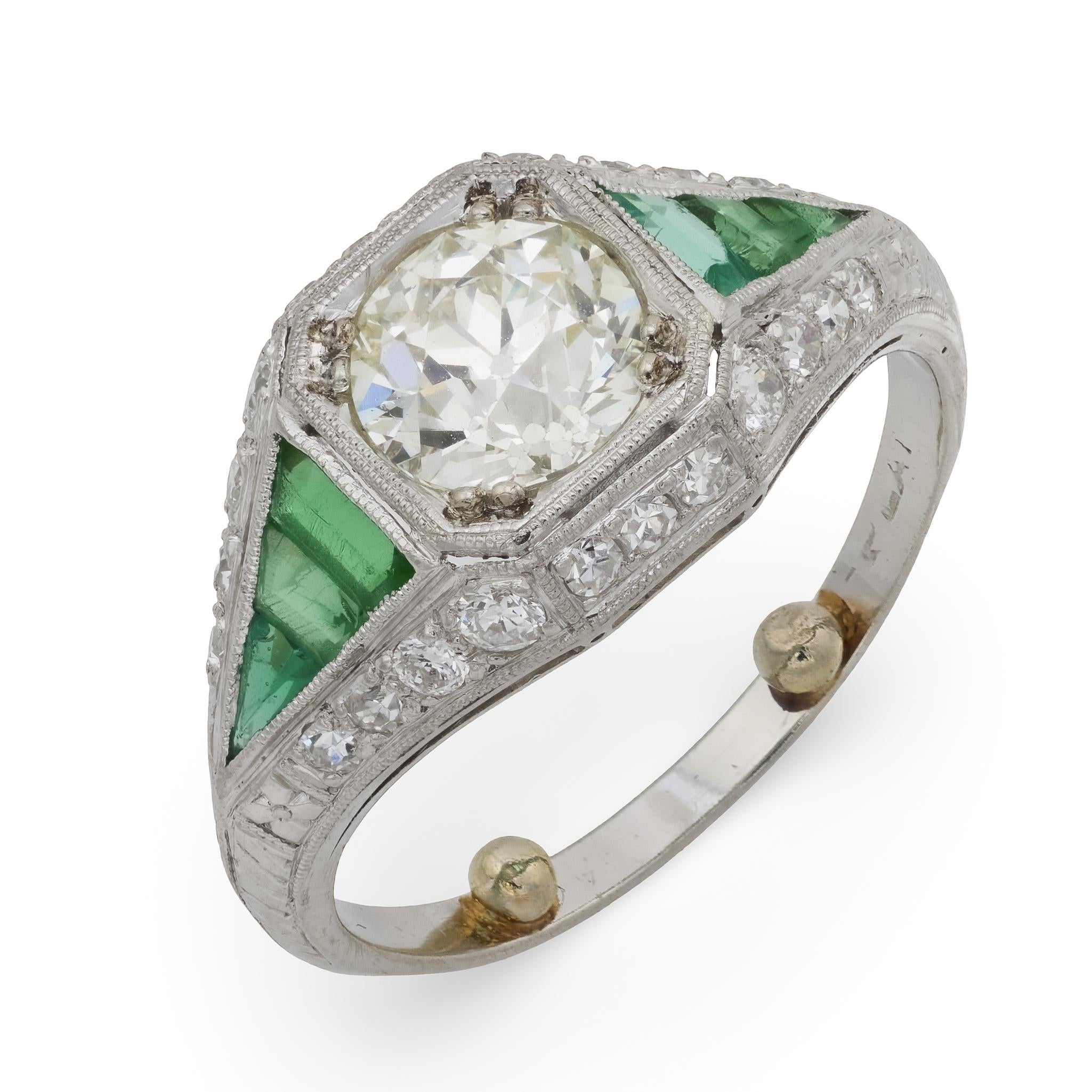 Art Deco GIA 1.31 carat diamond emerald platinum engagement ring