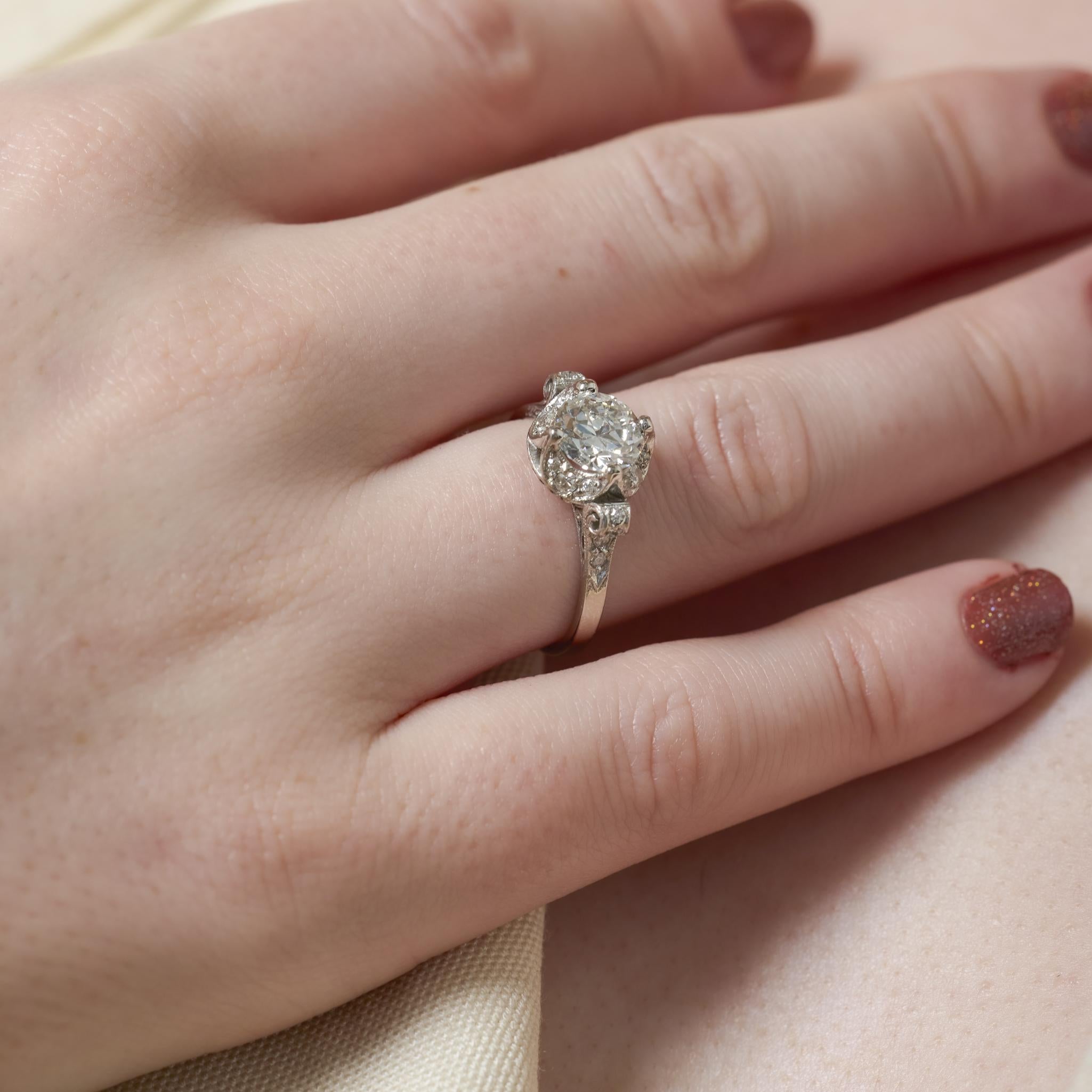 Art Deco GIA 1.41 carat diamond platinum 18k white gold engagement ring