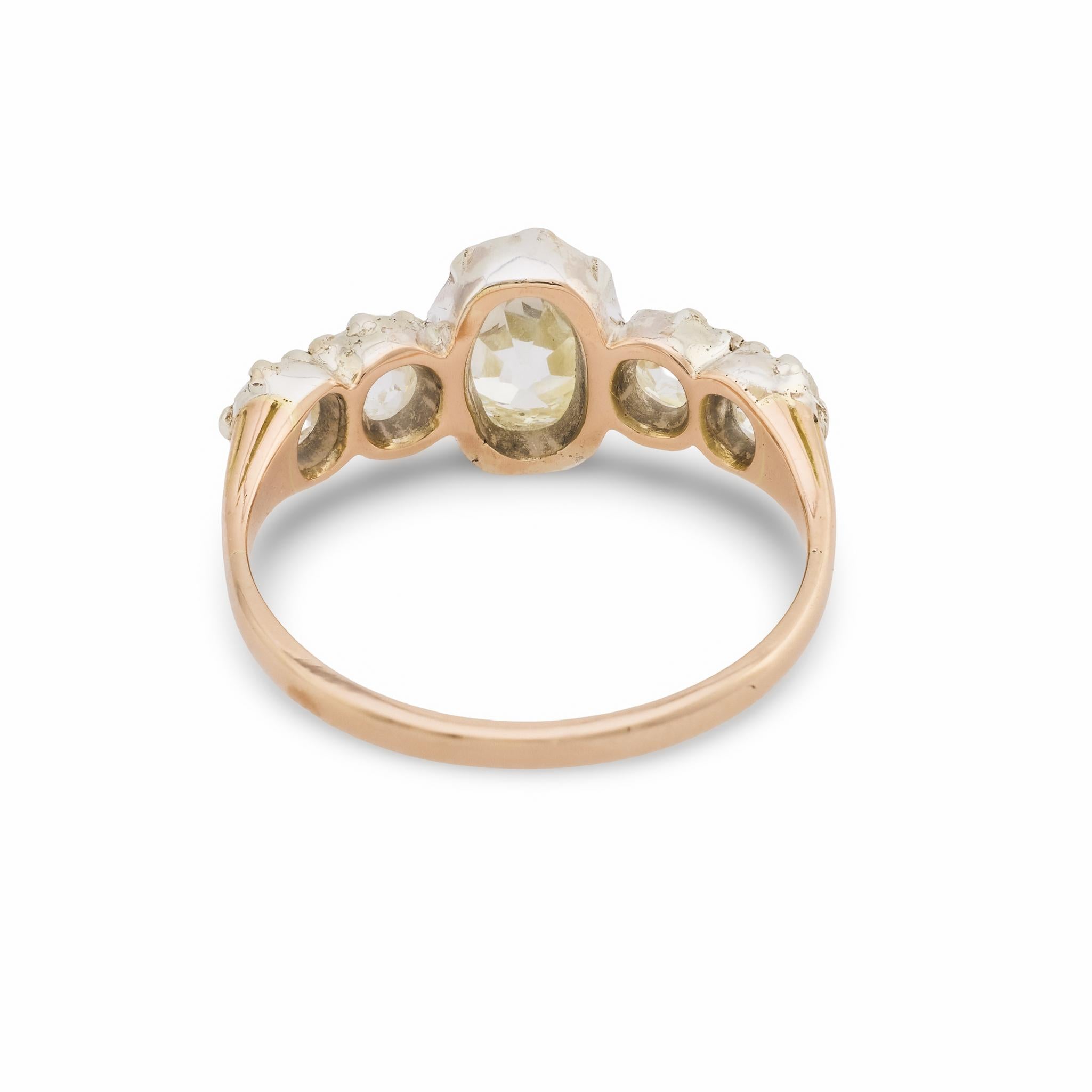 Victorian 1.21 carat diamond 18k rose gold and silver 5 stone engagement ring