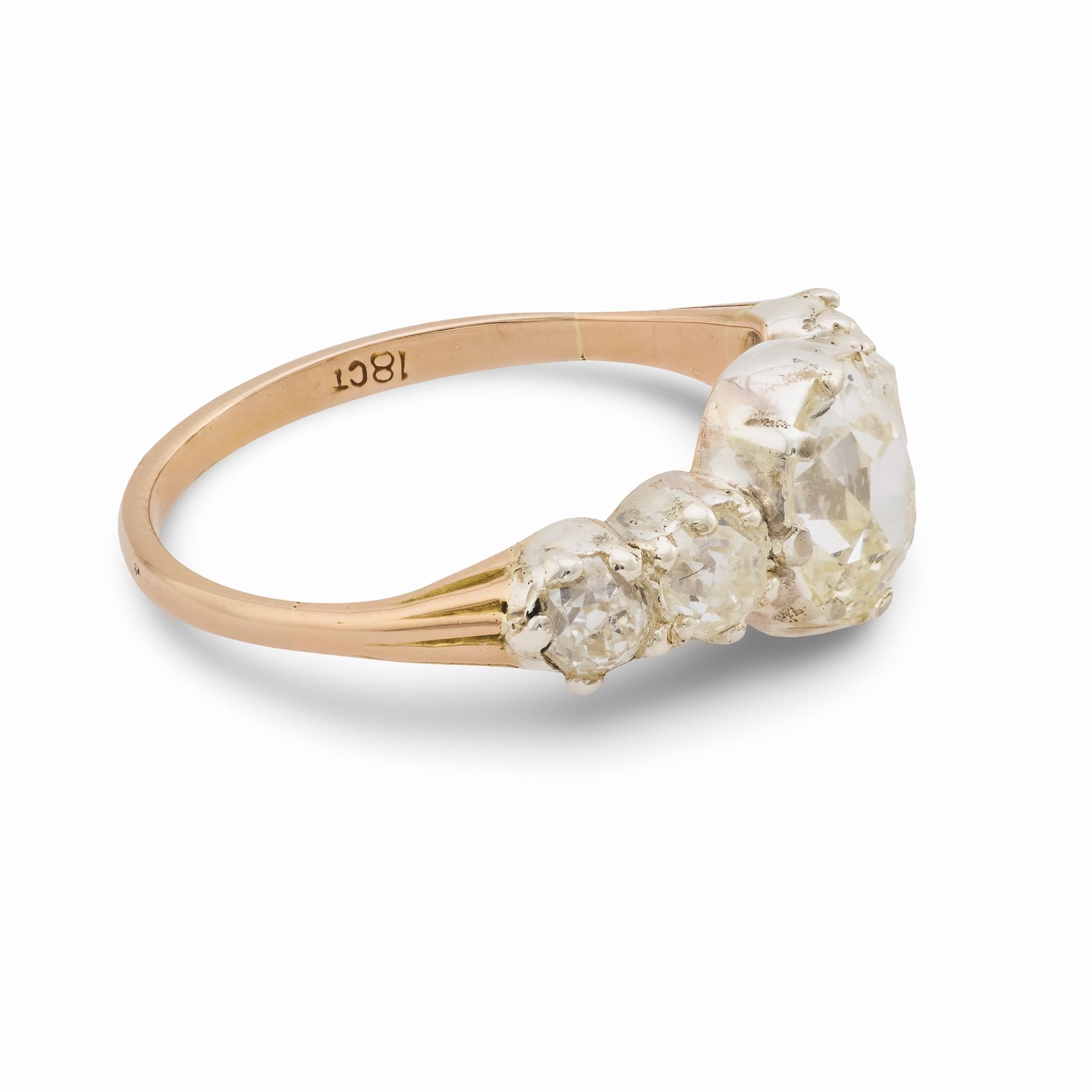 Victorian 1.21 carat diamond 18k rose gold and silver 5 stone engagement ring