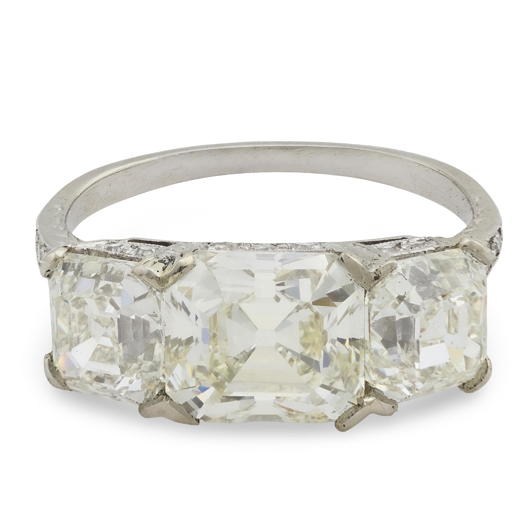 Art Deco GIA 5.29 carat asscher cut diamond platinum 3 stone engagement ring