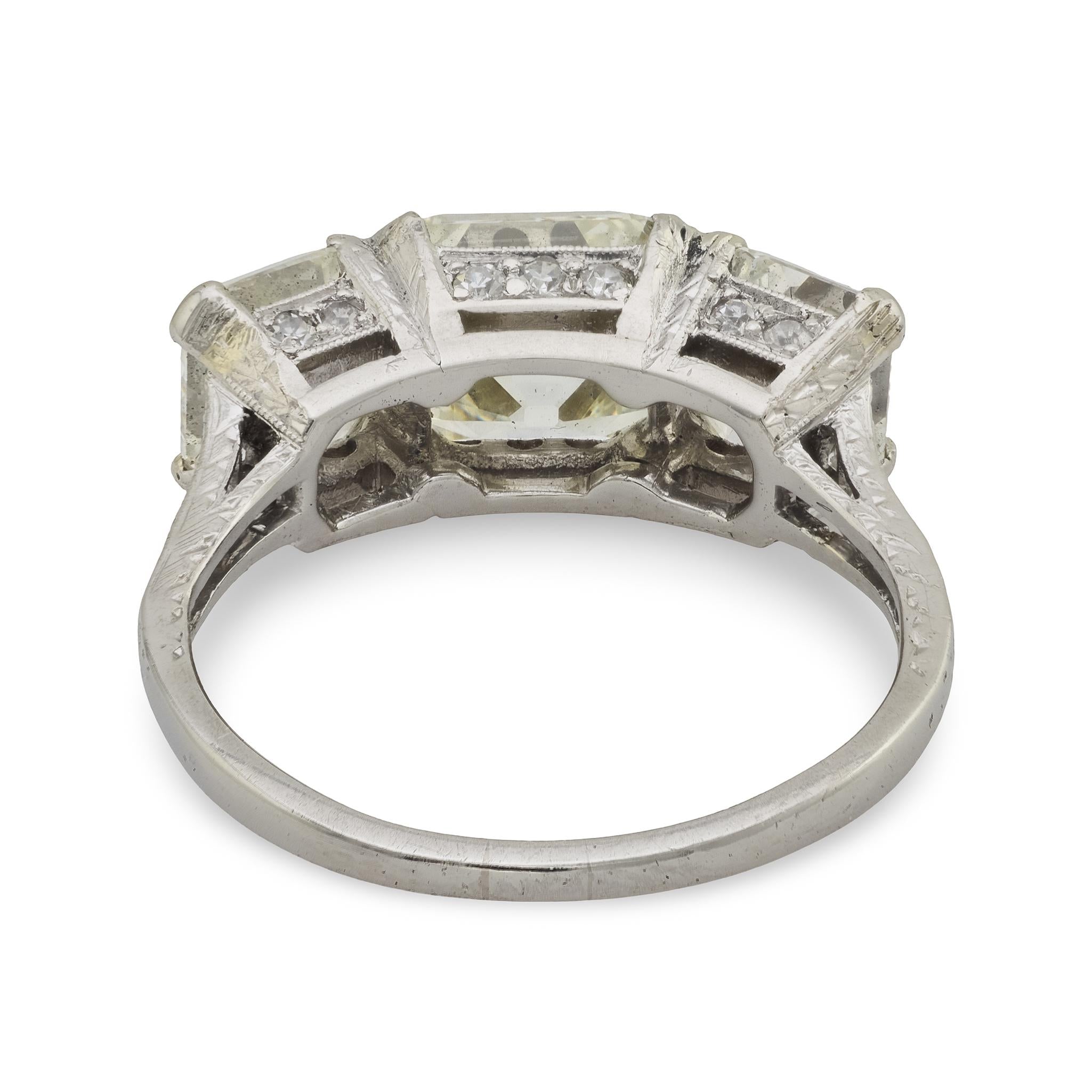 Art Deco GIA 5.29 carat asscher cut diamond platinum 3 stone engagement ring