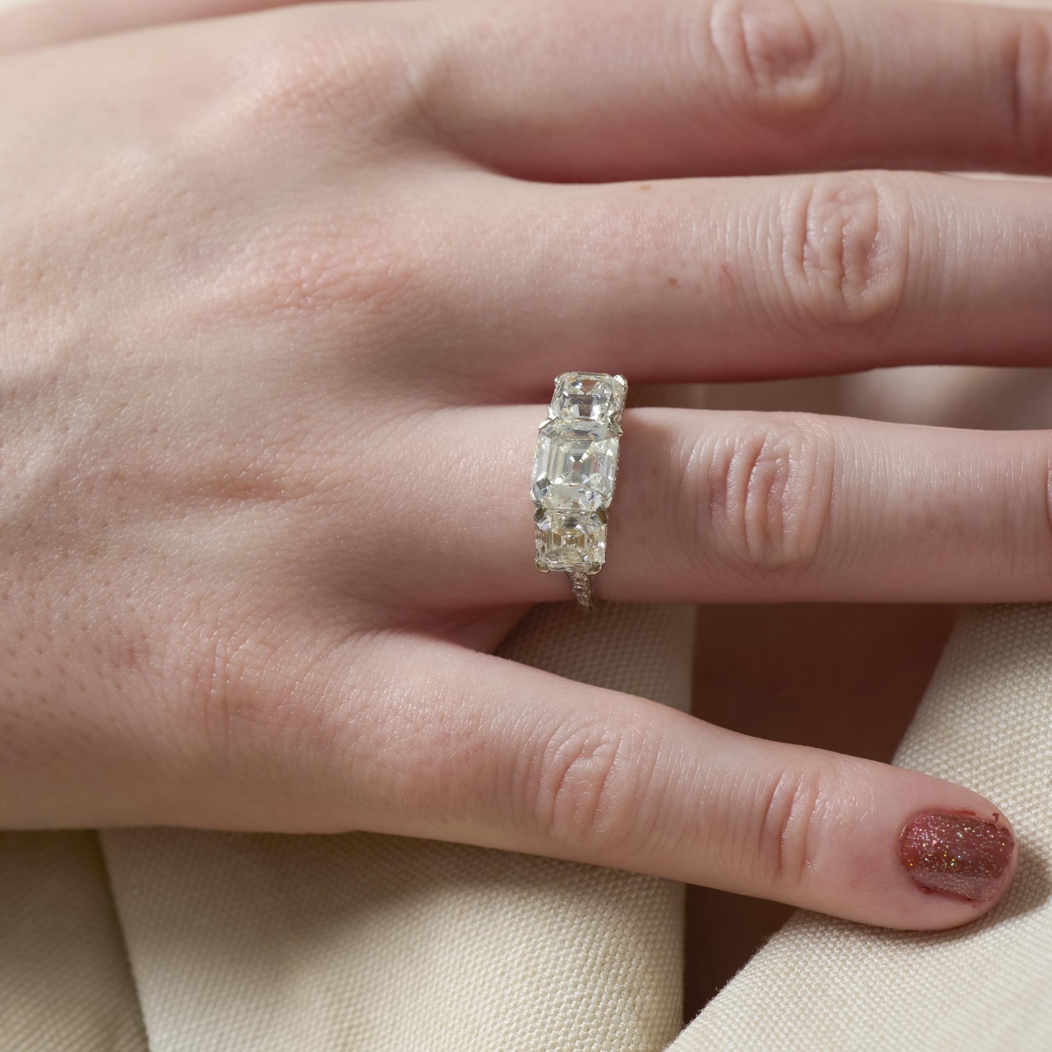 Art Deco GIA 5.29 carat asscher cut diamond platinum 3 stone engagement ring