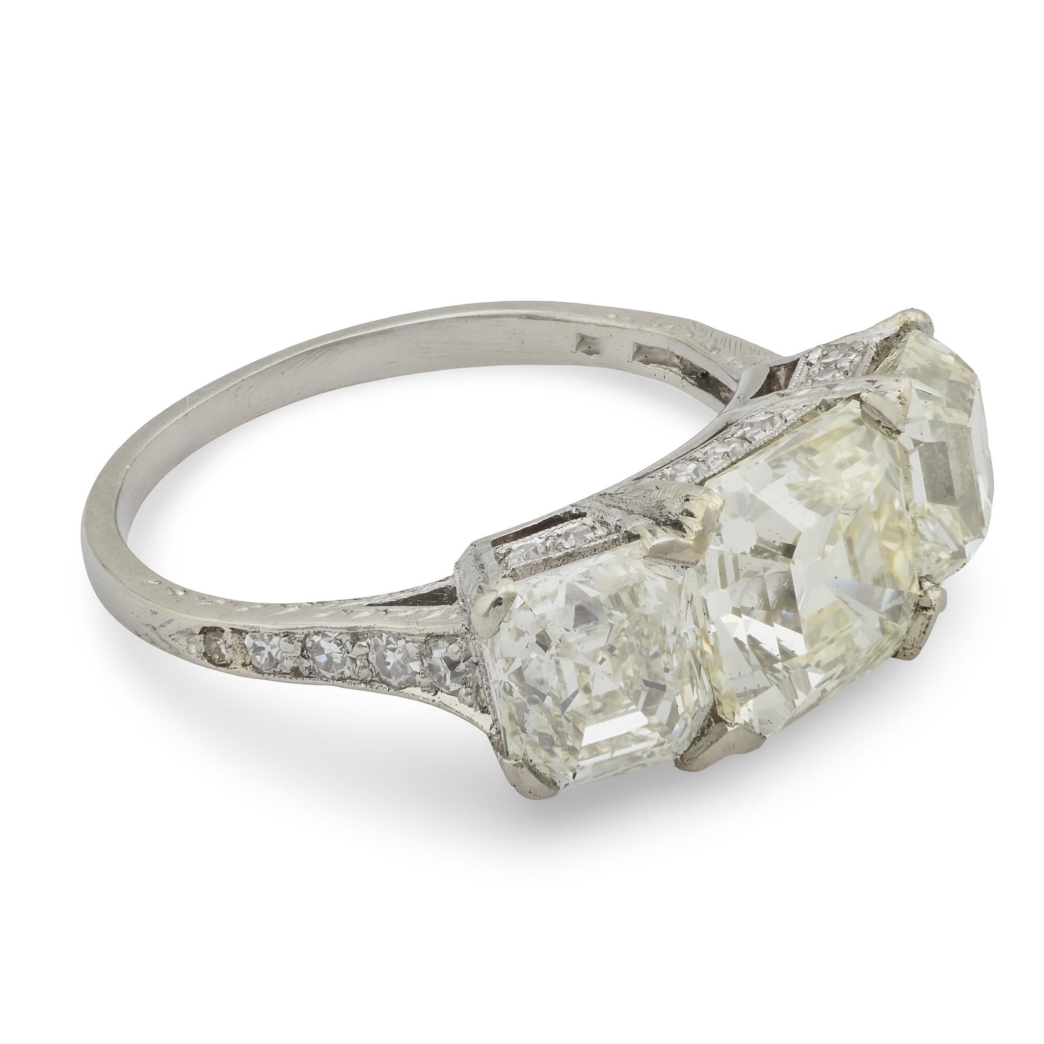 Art Deco GIA 5.29 carat asscher cut diamond platinum 3 stone engagement ring