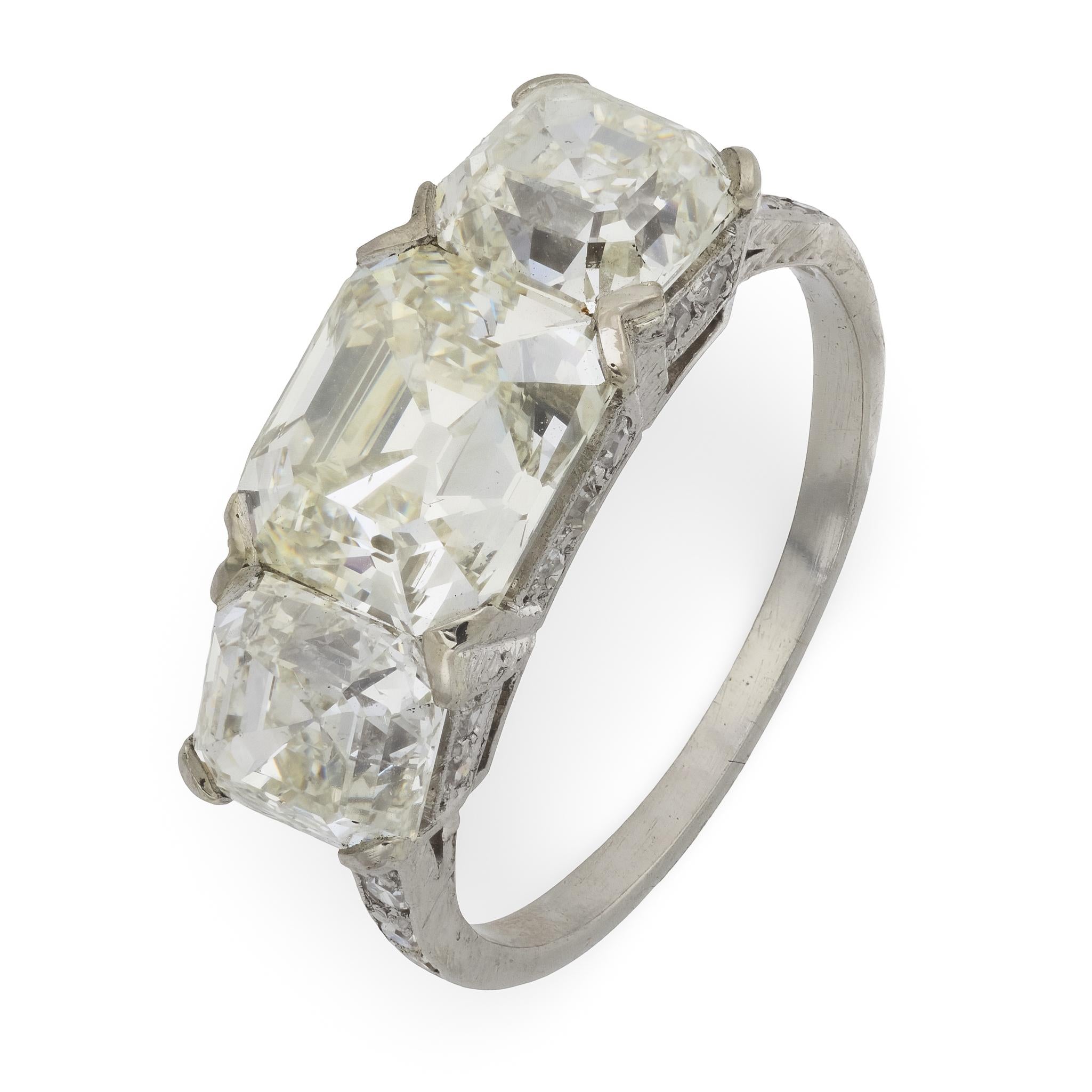 Art Deco GIA 5.29 carat asscher cut diamond platinum 3 stone engagement ring