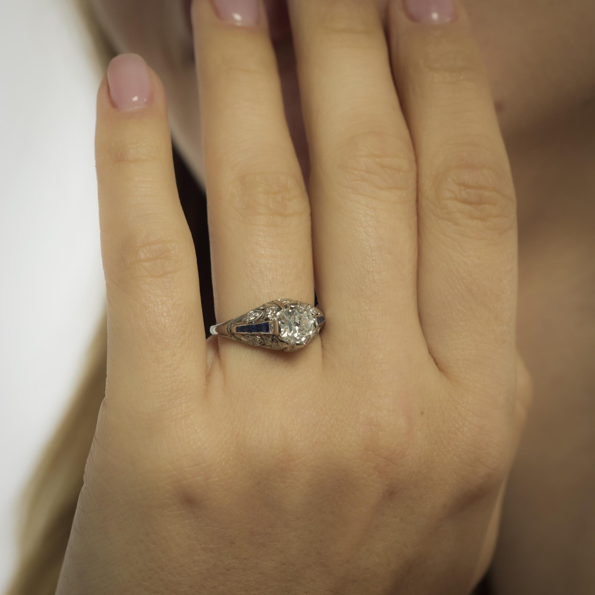 Art Deco style GIA .98 carat diamond sapphire platinum engagement ring