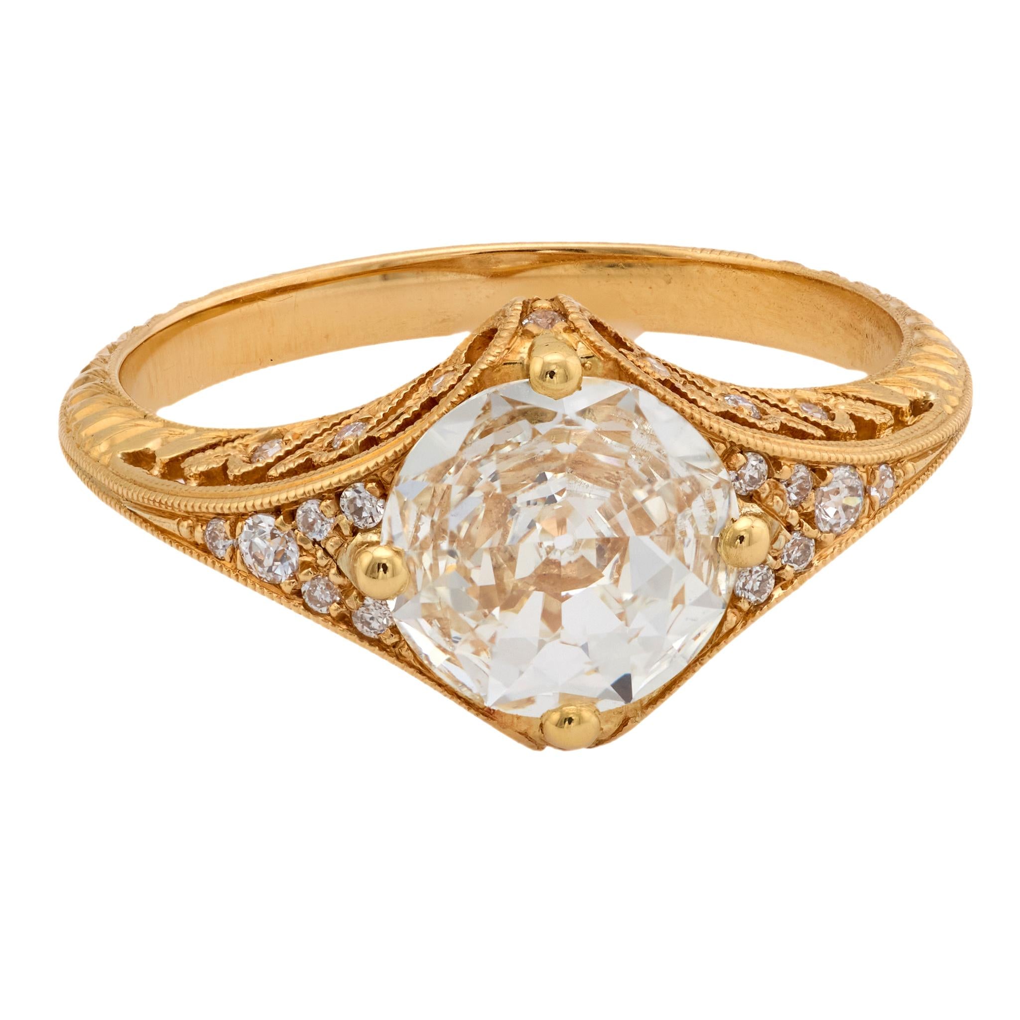 Art Deco inspired GIA 1 carat diamond 18k yellow gold filigree engagement ring