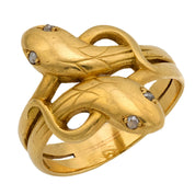 Victorian French diamond 18k yellow gold double headed snake ring