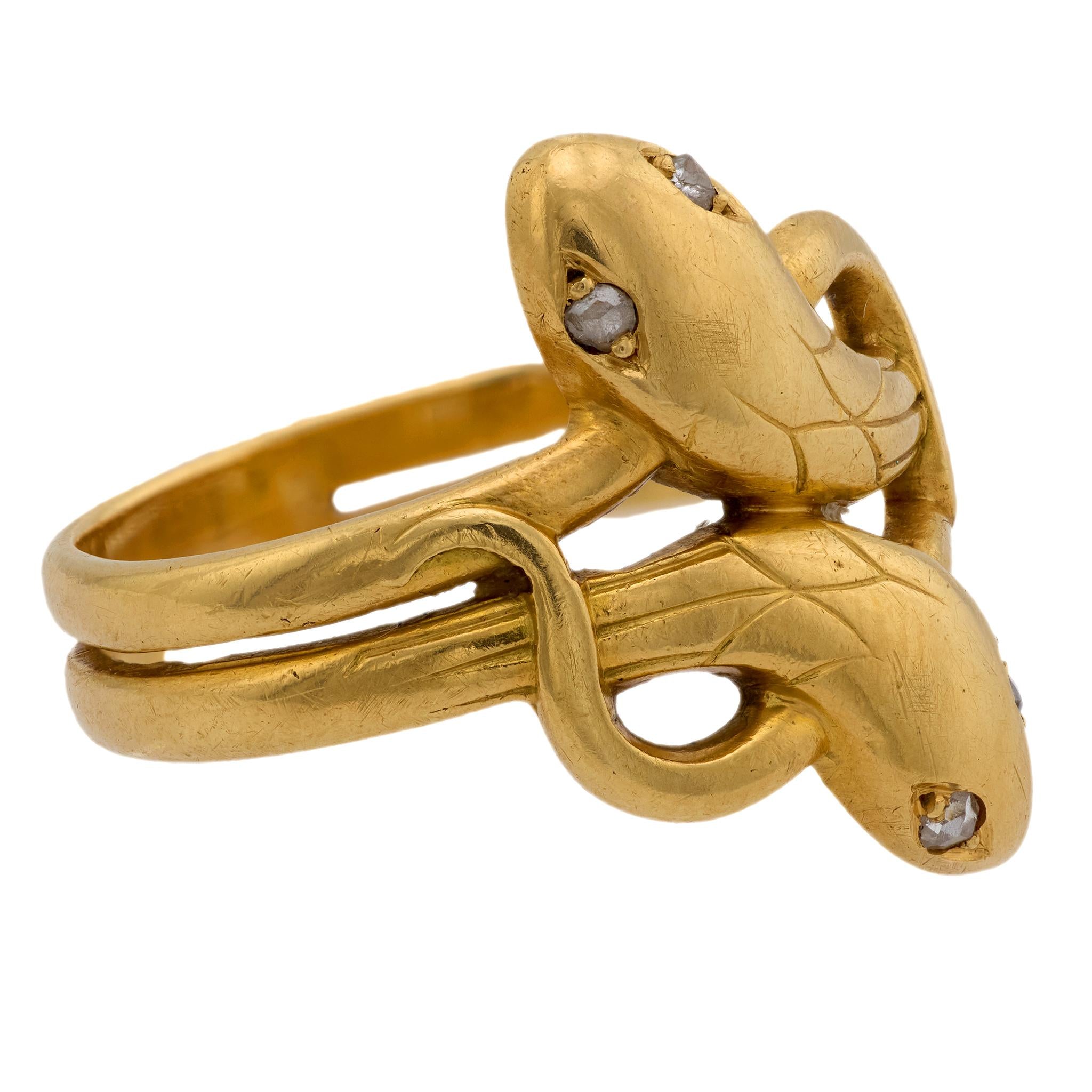 Victorian French diamond 18k yellow gold double headed snake ring