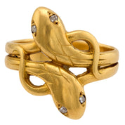 Victorian French diamond 18k yellow gold double headed snake ring
