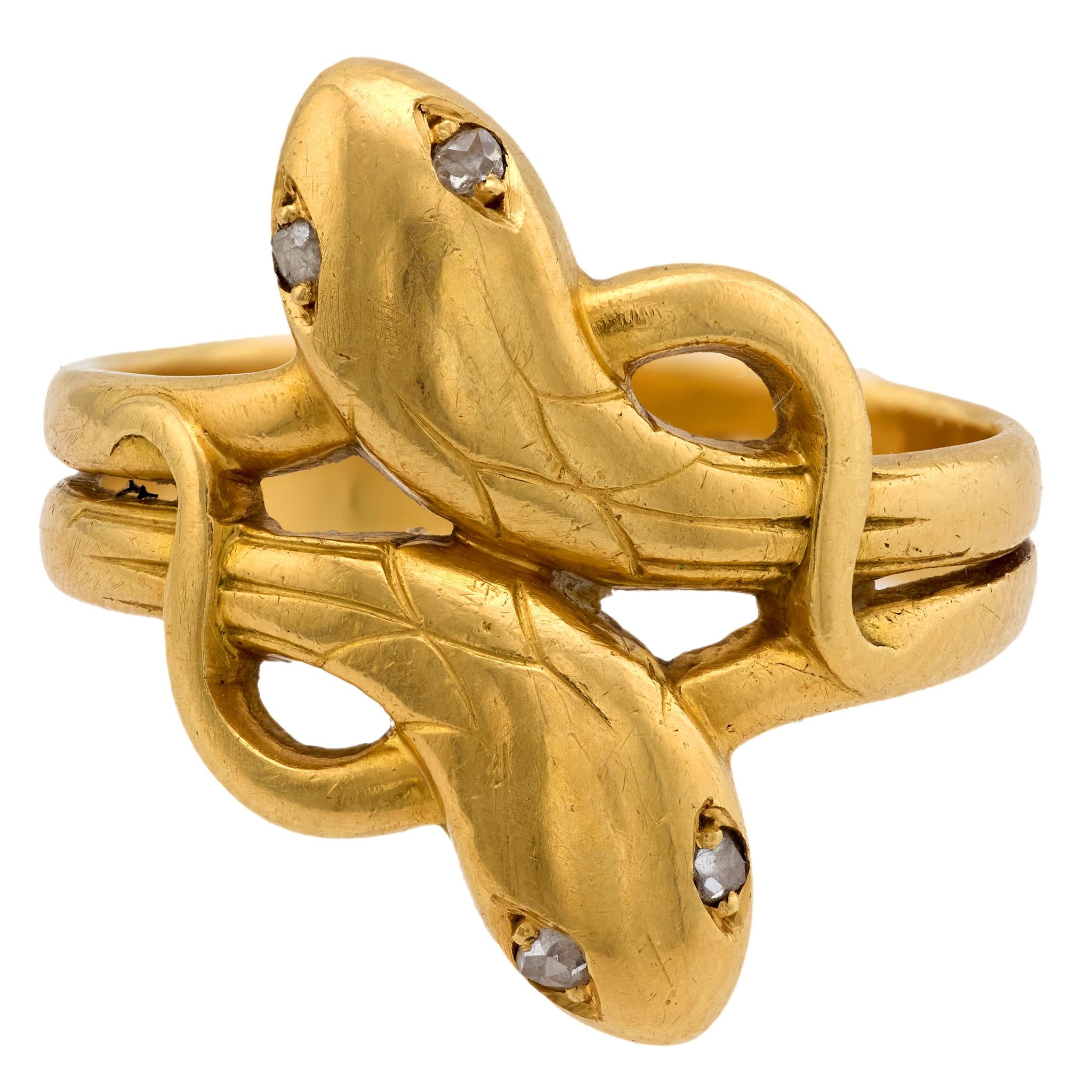 Victorian French diamond 18k yellow gold double headed snake ring