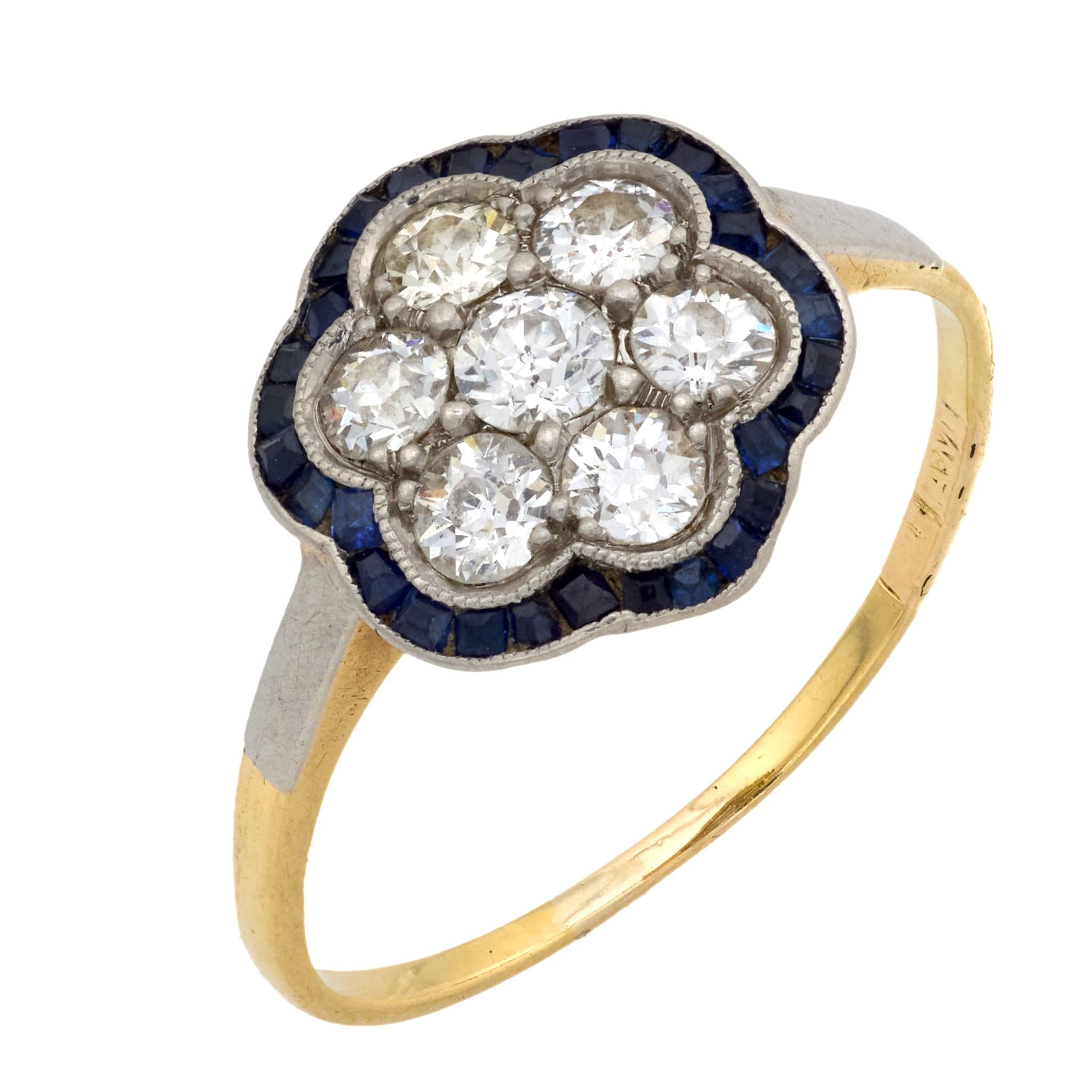 Edwardian diamond sapphire 18k yellow gold and platinum flower ring