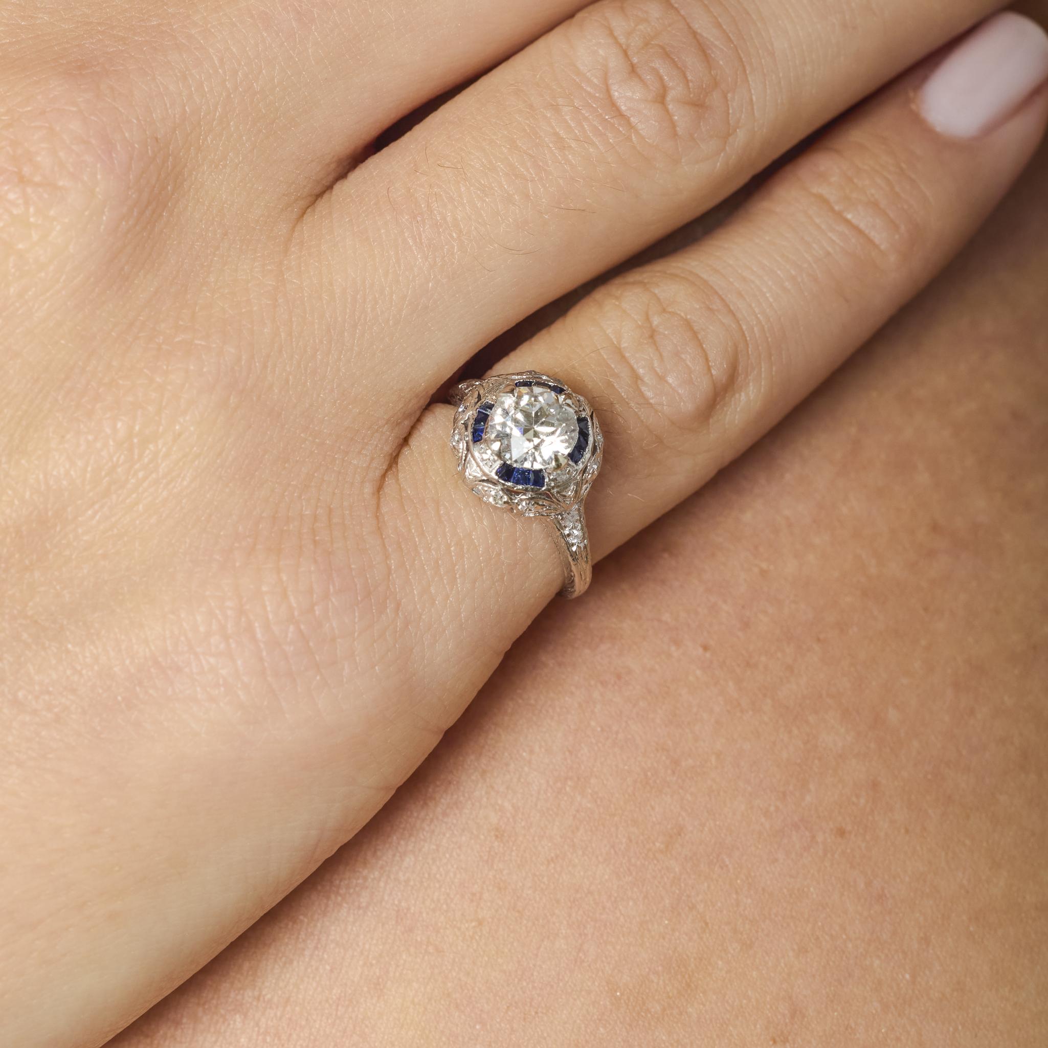 Art Deco GIA .94 carat diamond sapphire platinum filagree ring
