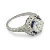 Art Deco GIA .94 carat diamond sapphire platinum filagree ring