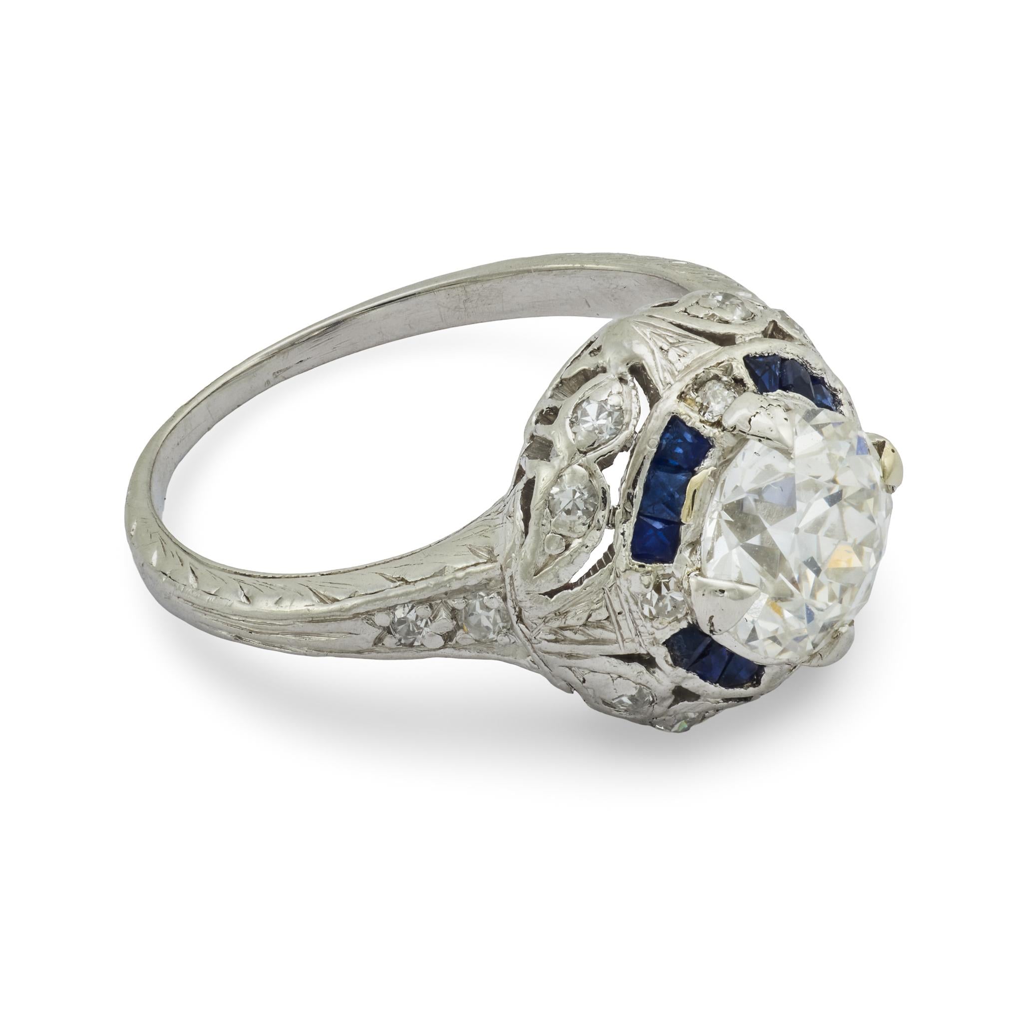 Art Deco GIA .94 carat diamond sapphire platinum filagree ring