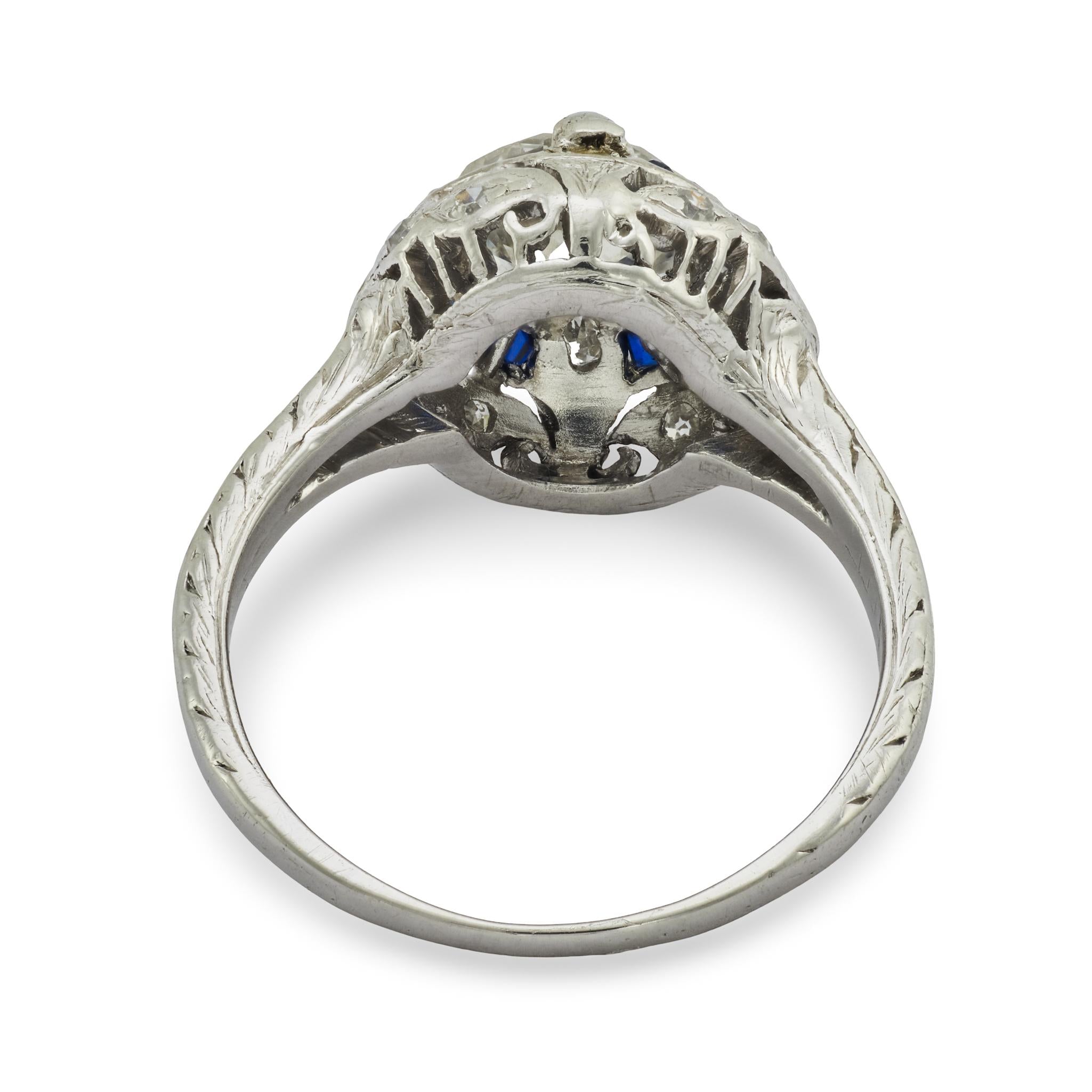 Art Deco GIA .94 carat diamond sapphire platinum filagree ring