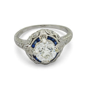 Art Deco GIA .94 carat diamond sapphire platinum filagree ring