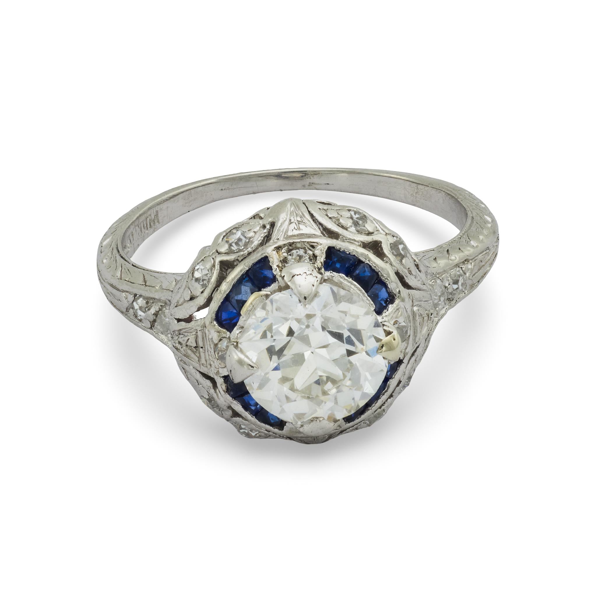Art Deco GIA .94 carat diamond sapphire platinum filagree ring