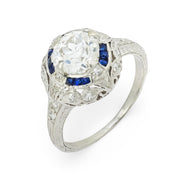 Art Deco GIA .94 carat diamond sapphire platinum filagree ring