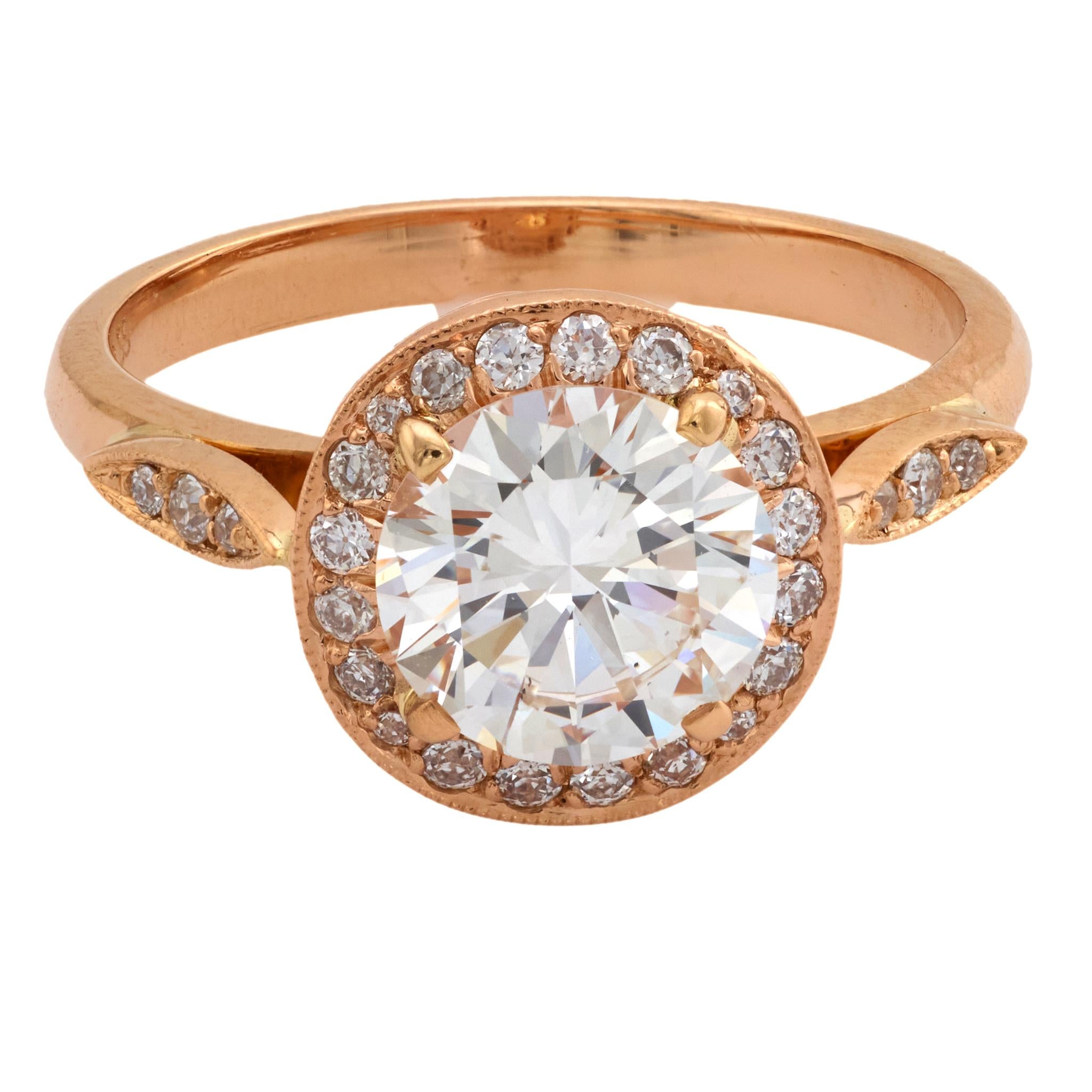GIA 1.42 carat diamond 18k rose gold halo engagement ring