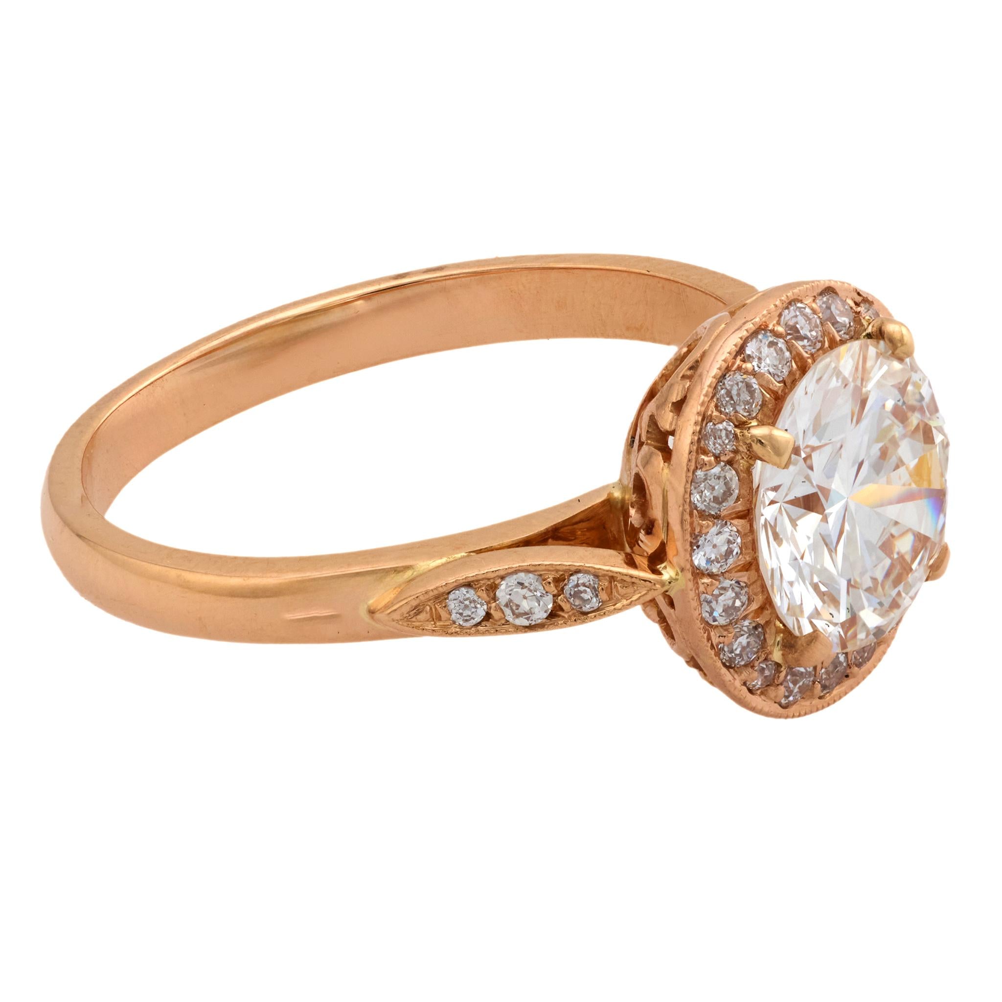 GIA 1.42 carat diamond 18k rose gold halo engagement ring