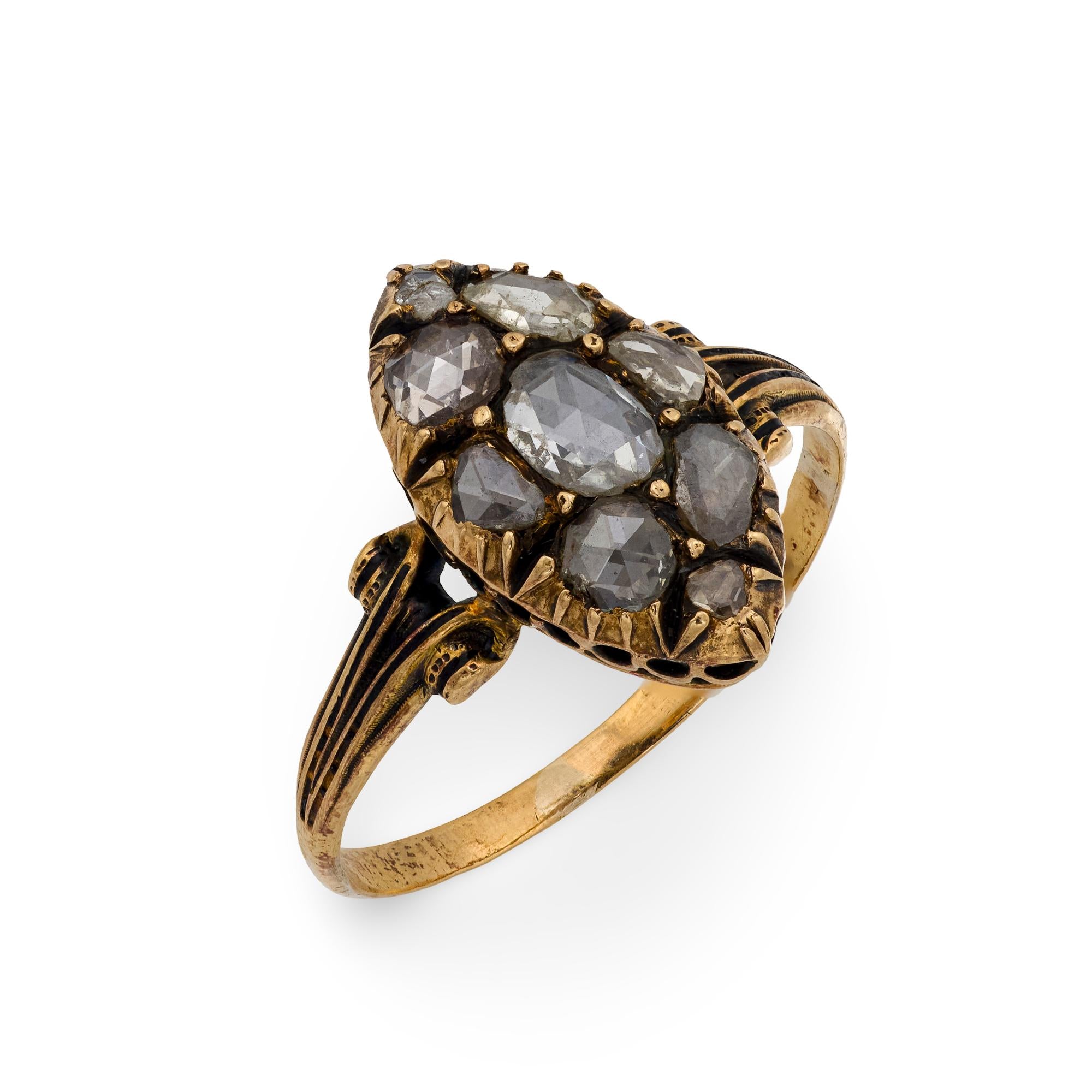 Victorian rose cut diamond 18k yellow gold navette ring