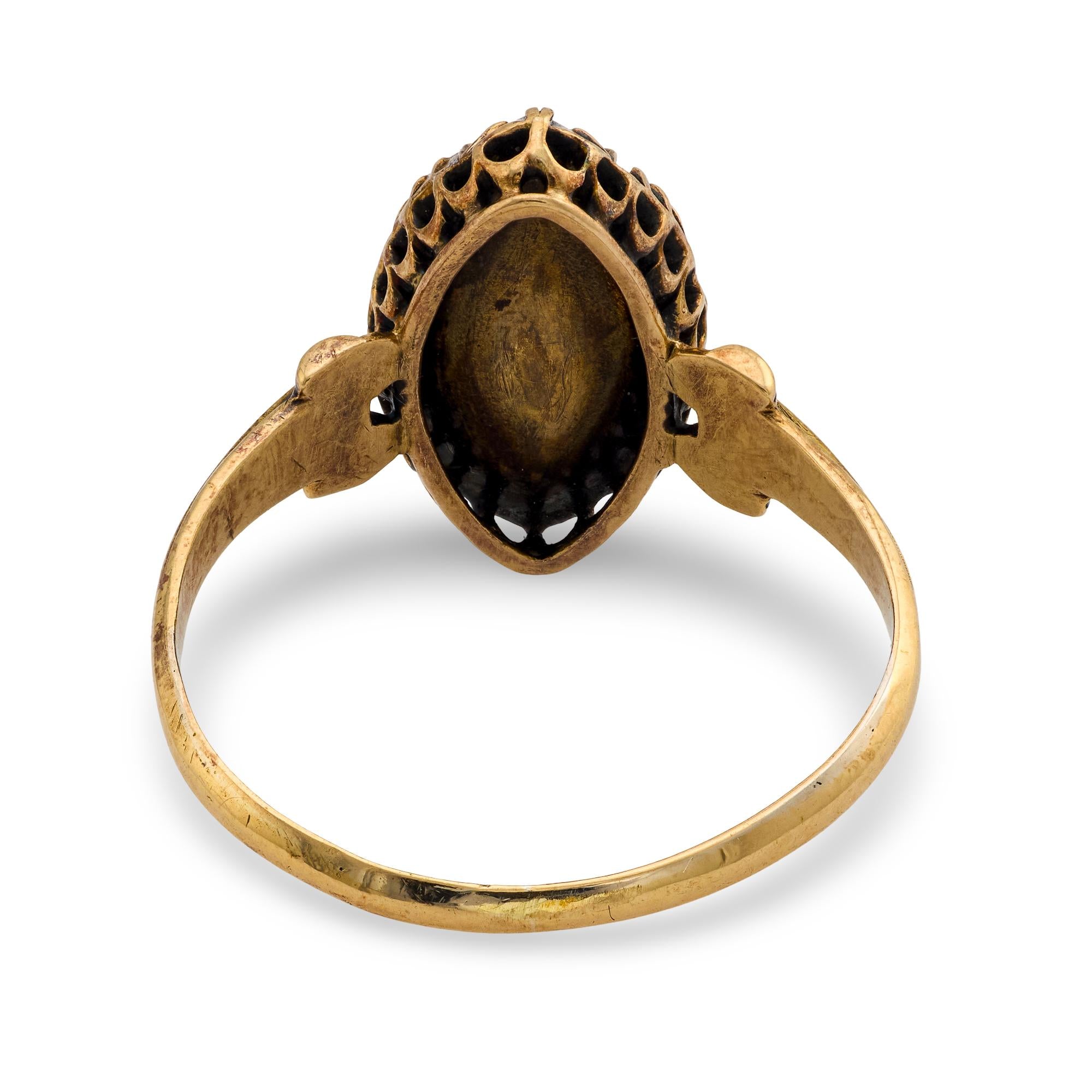 Victorian rose cut diamond 18k yellow gold navette ring