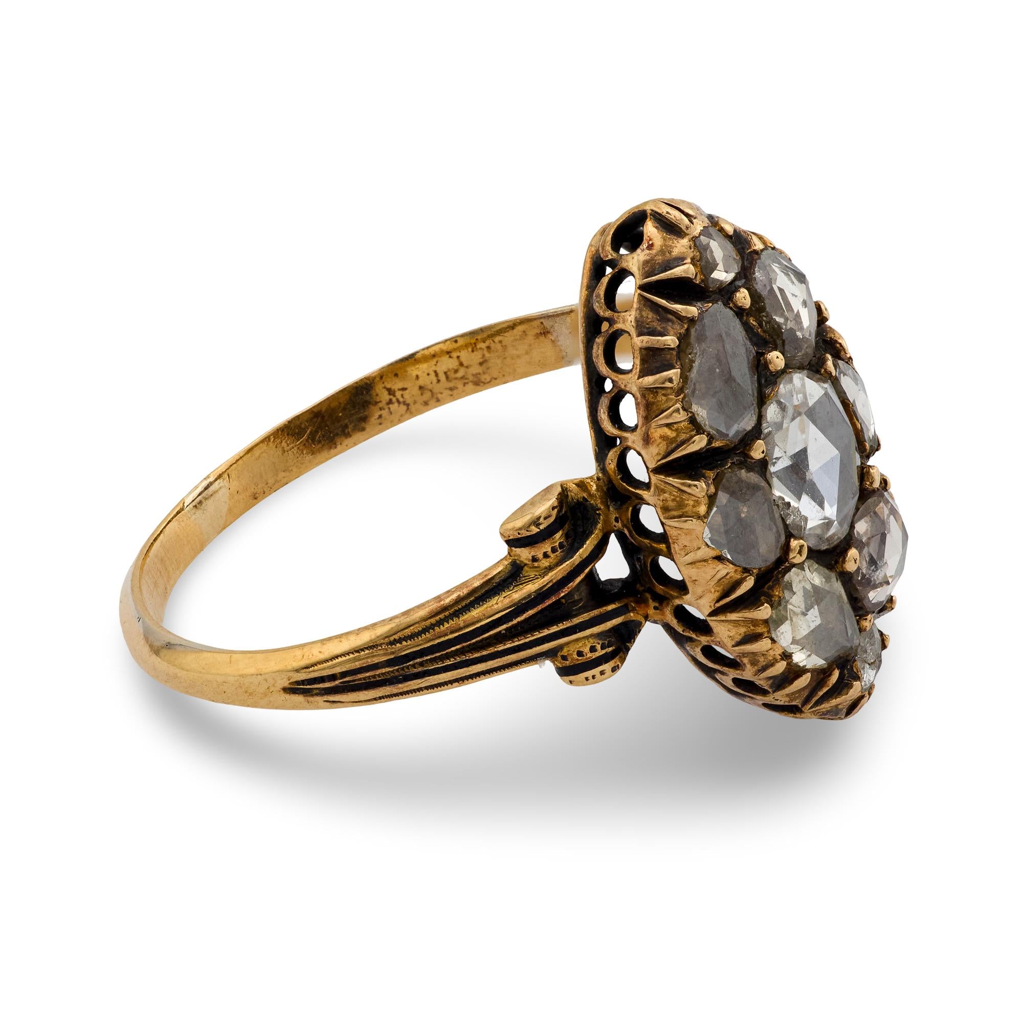 Victorian rose cut diamond 18k yellow gold navette ring