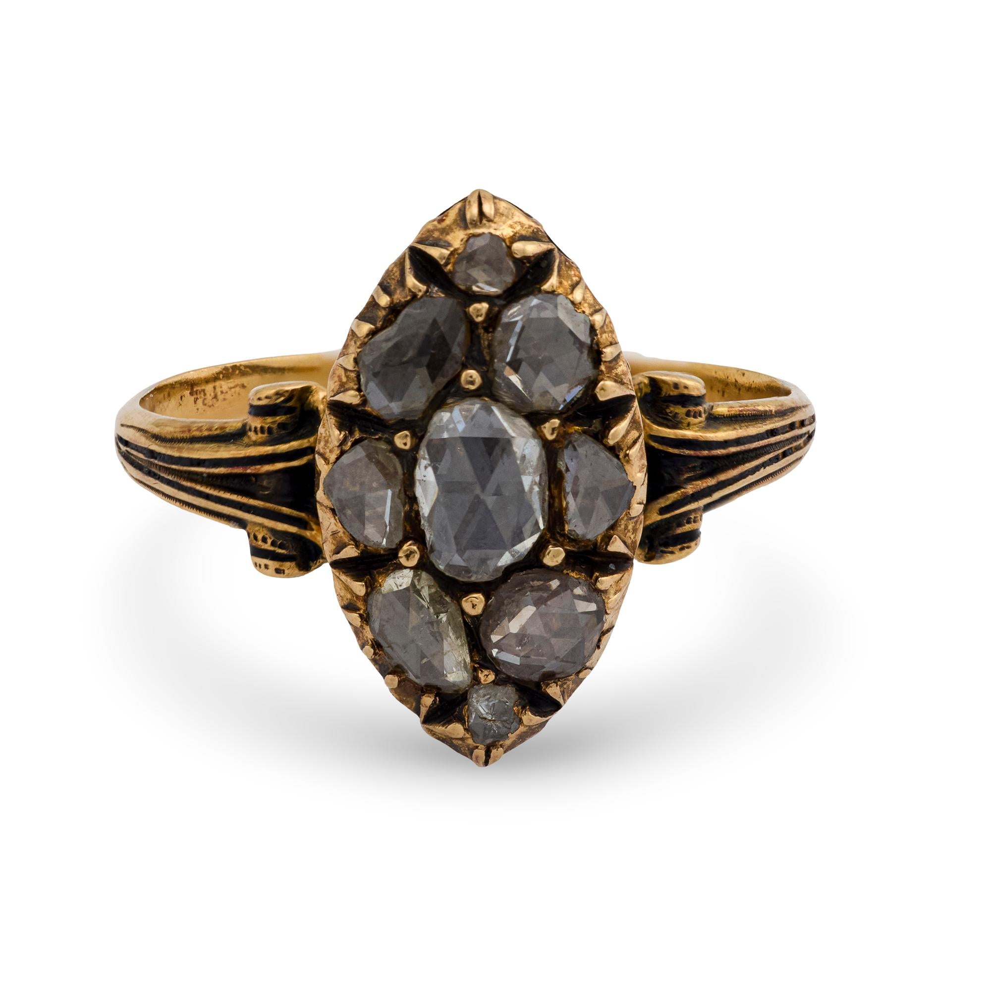 Victorian rose cut diamond 18k yellow gold navette ring