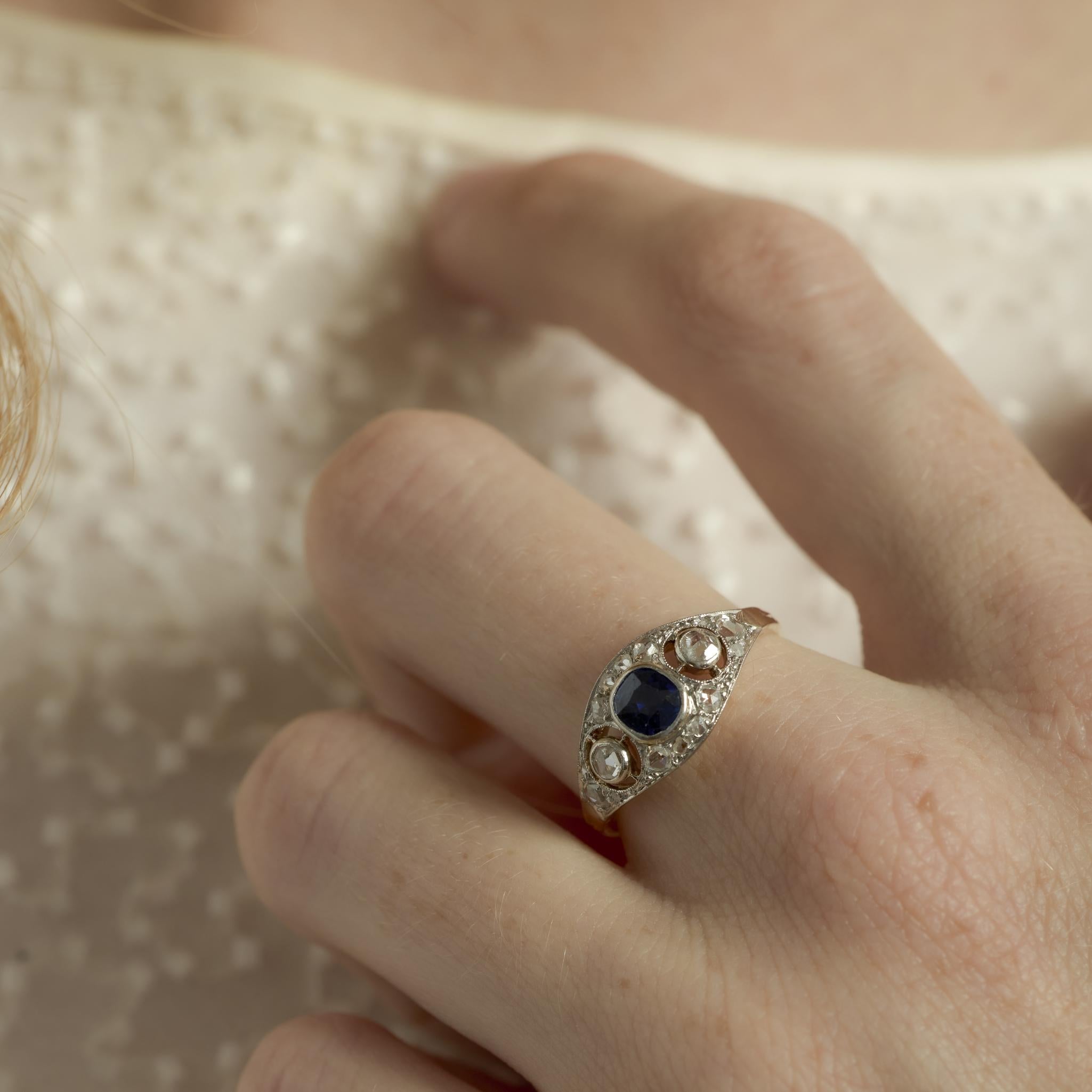 Edwardian sapphire diamond 18k yellow gold and platinum ring