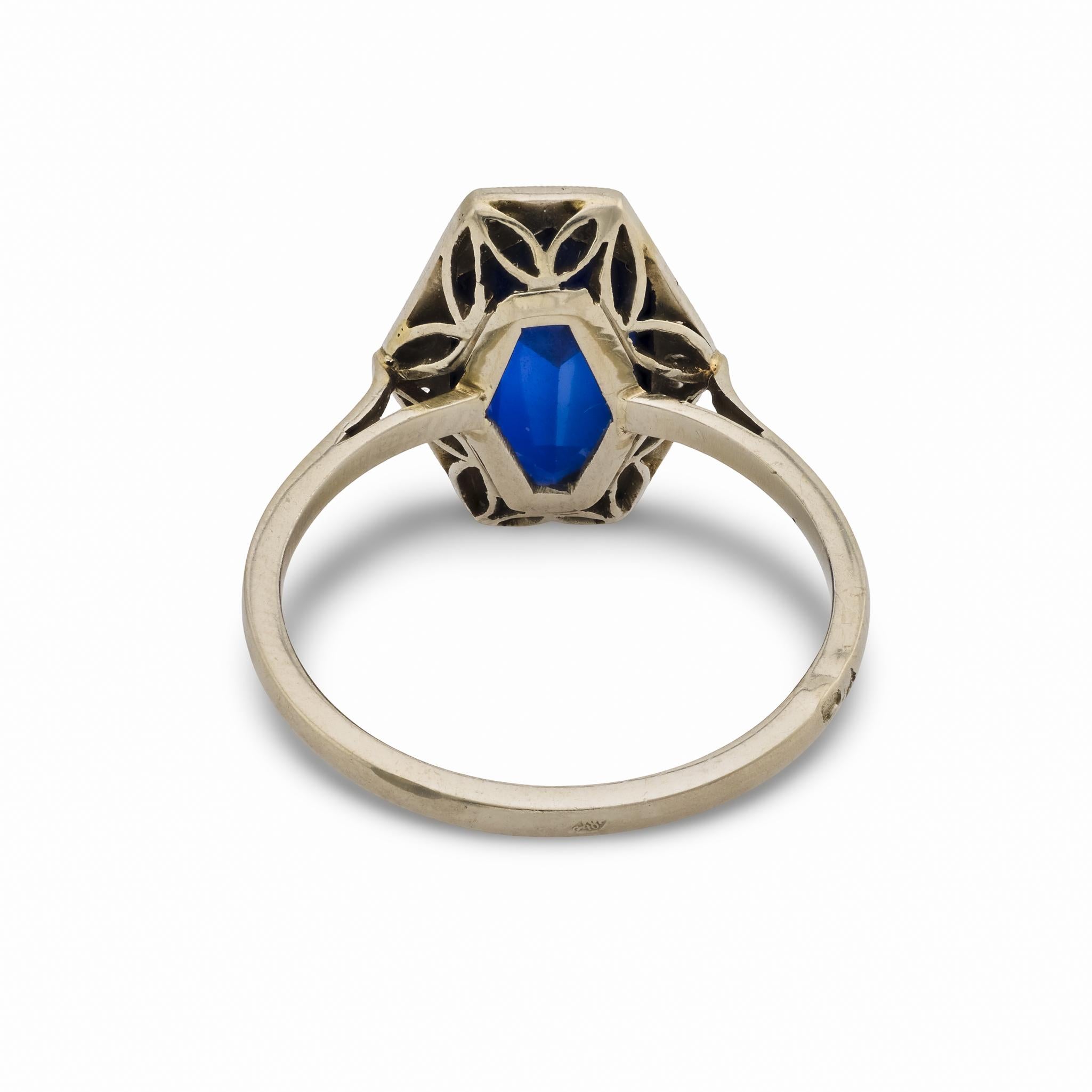 Edwardian 2 carat synthetic sapphire diamond 18k white gold cocktail ring