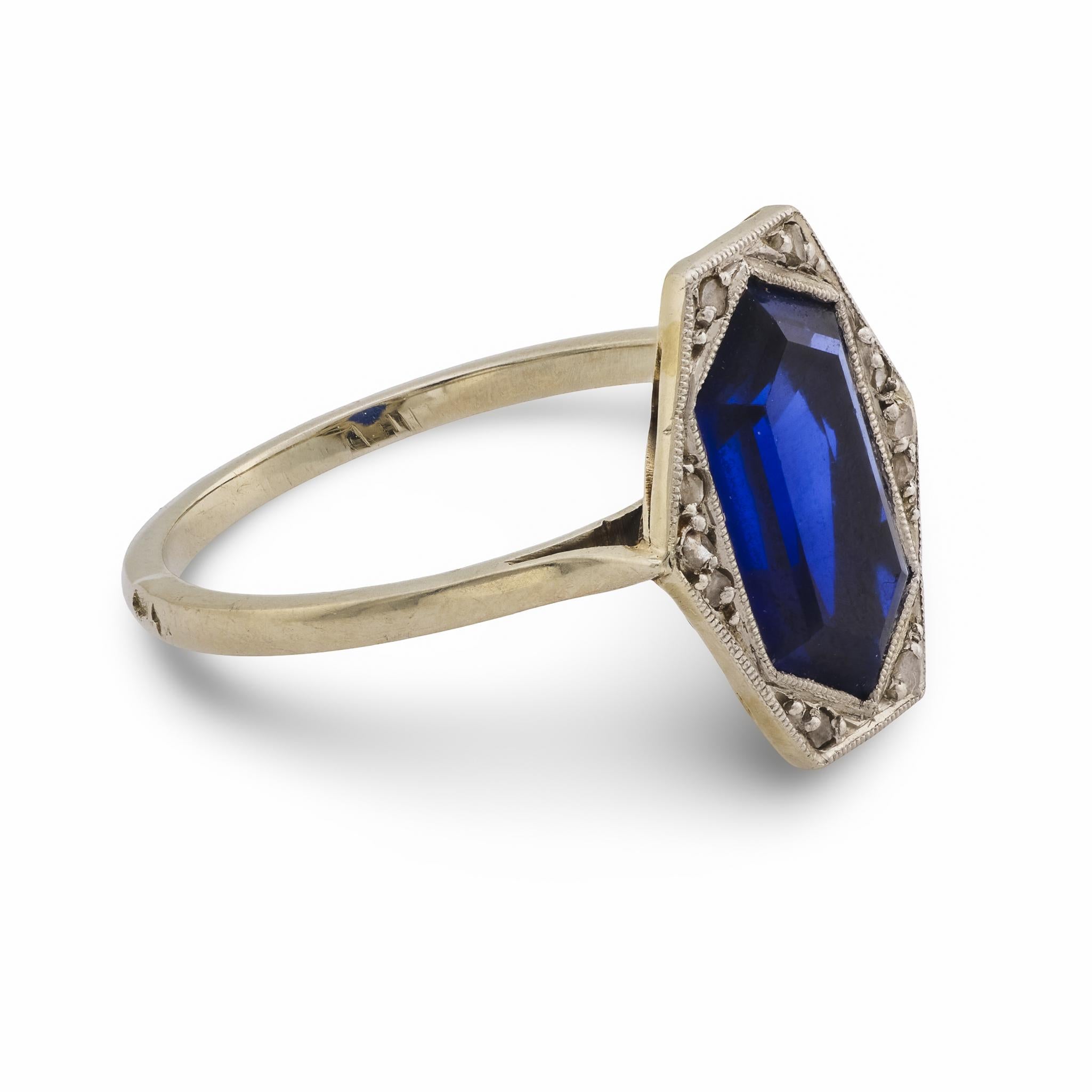 Edwardian 2 carat synthetic sapphire diamond 18k white gold cocktail ring