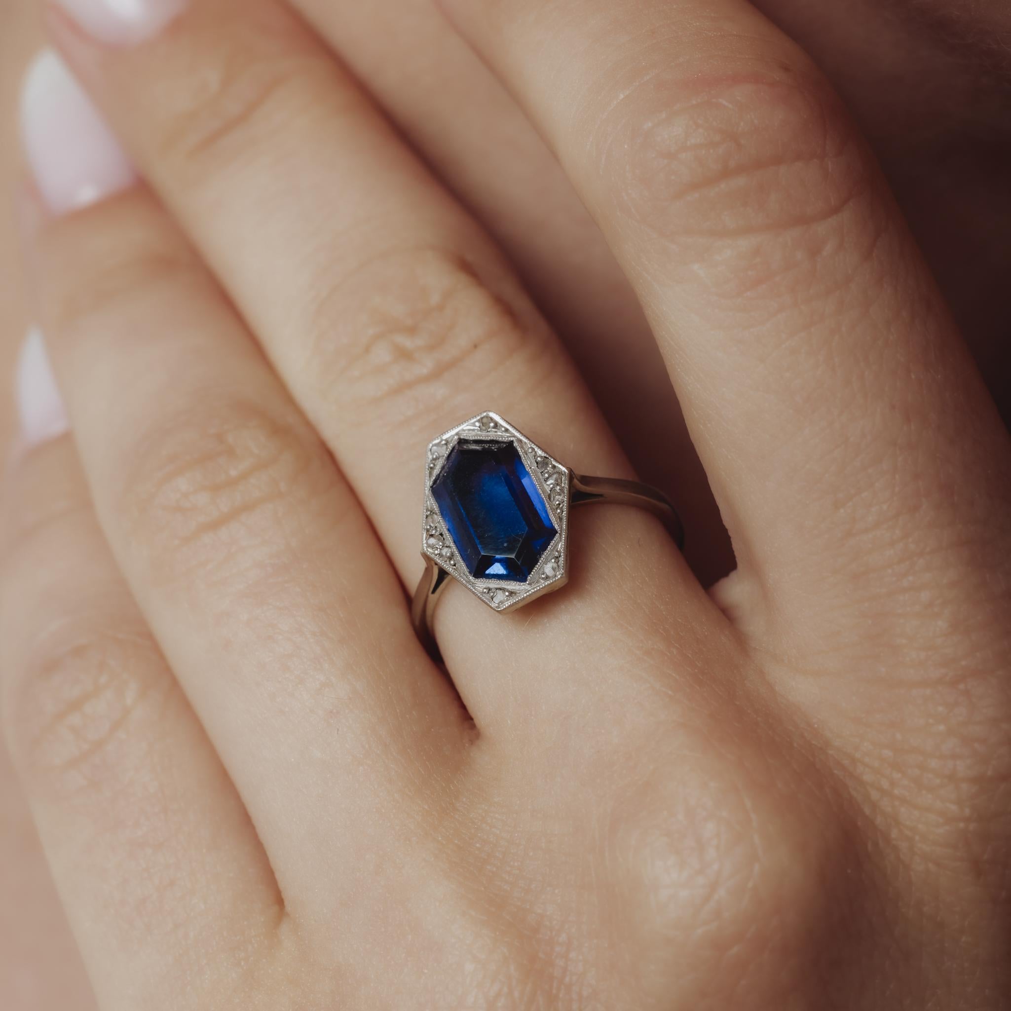 Edwardian 2 carat synthetic sapphire diamond 18k white gold cocktail ring
