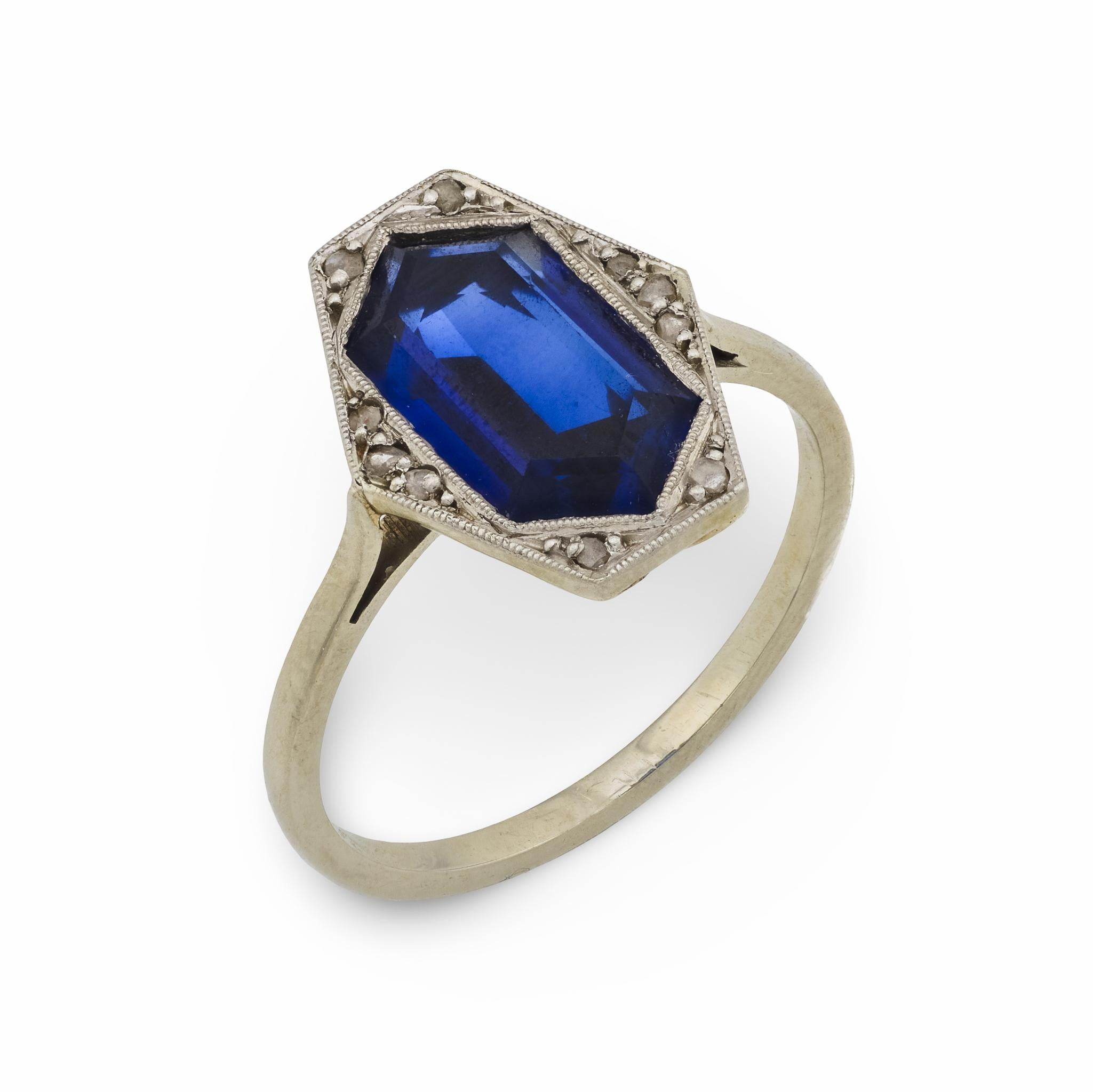 Edwardian 2 carat synthetic sapphire diamond 18k white gold cocktail ring