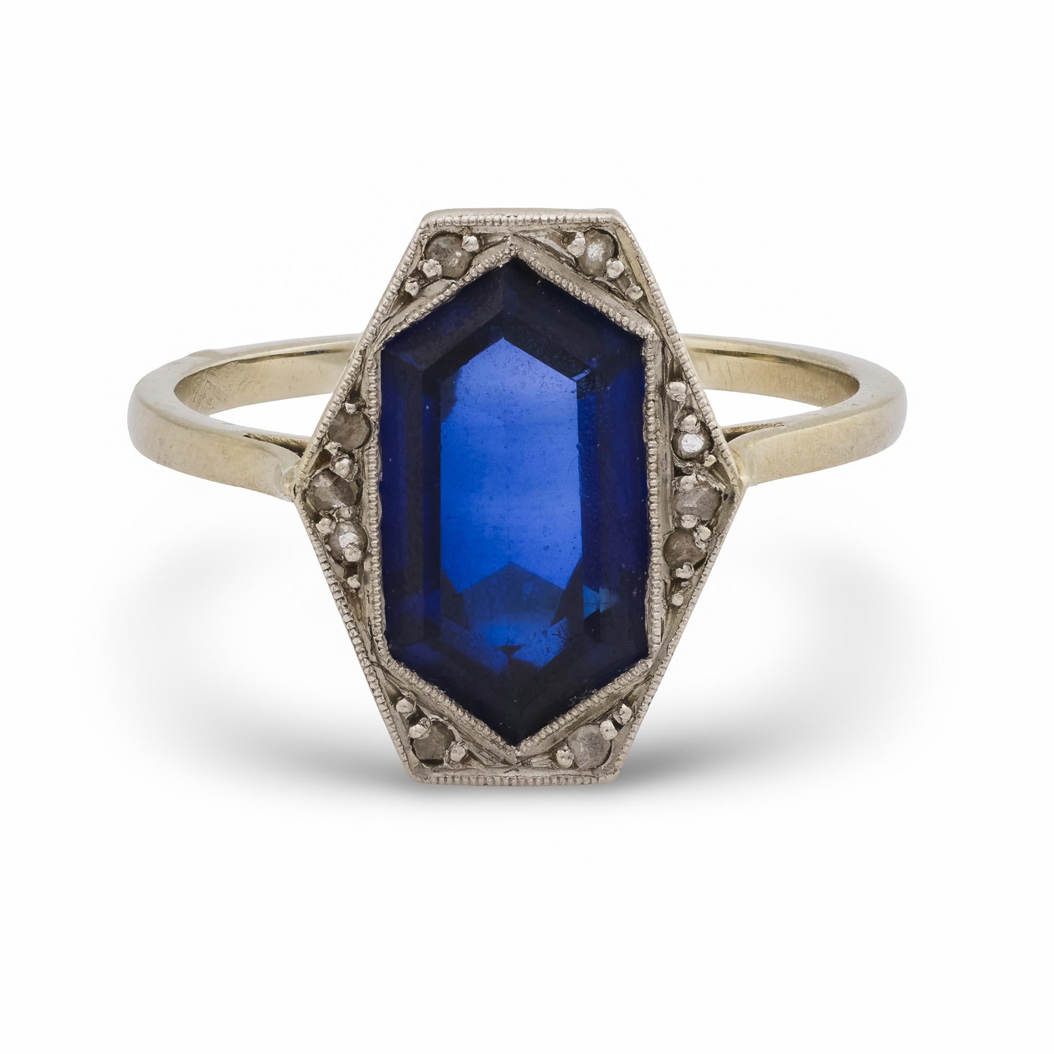 Edwardian 2 carat synthetic sapphire diamond 18k white gold cocktail ring