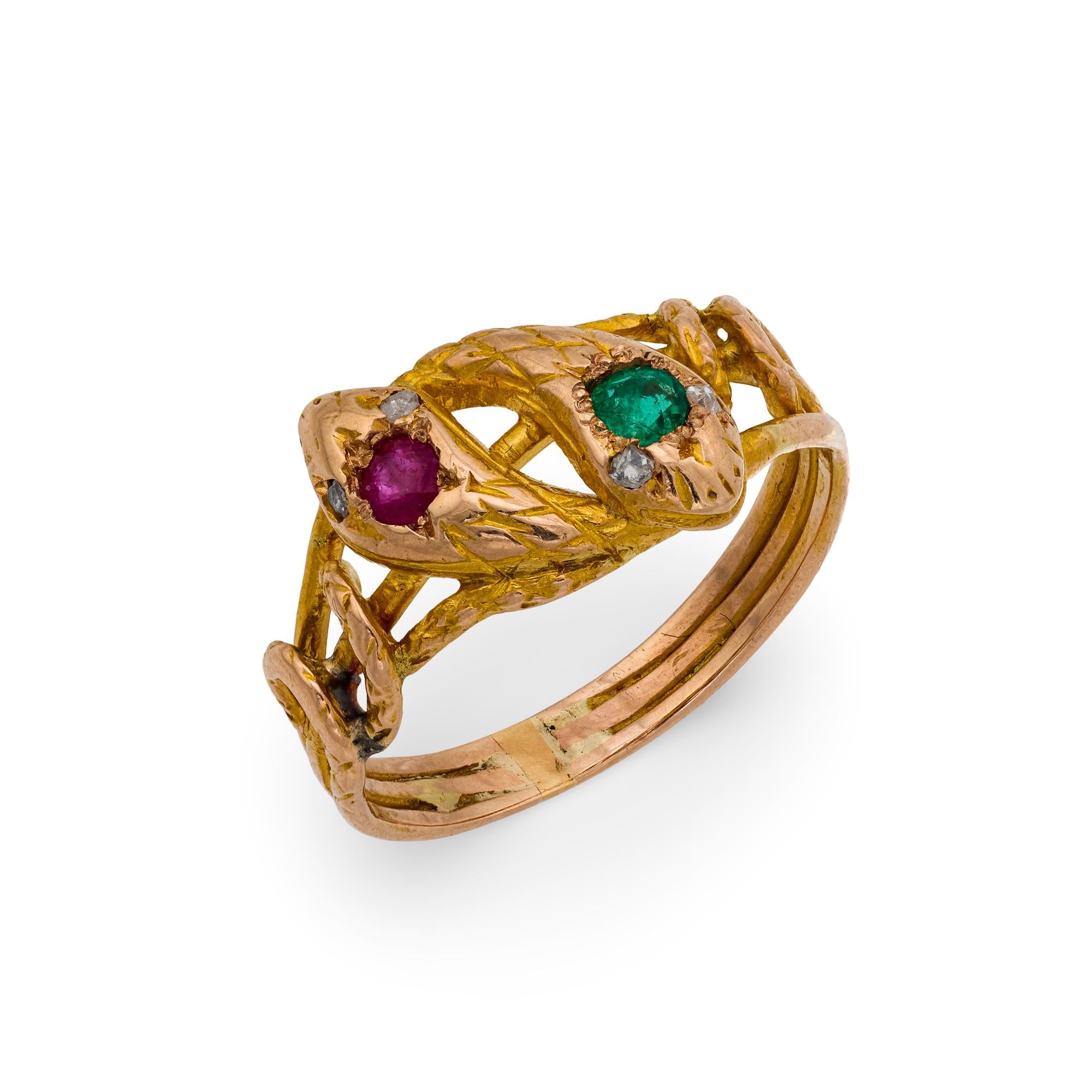 Victorian emerald ruby diamond 18k yellow gold double headed snake ring