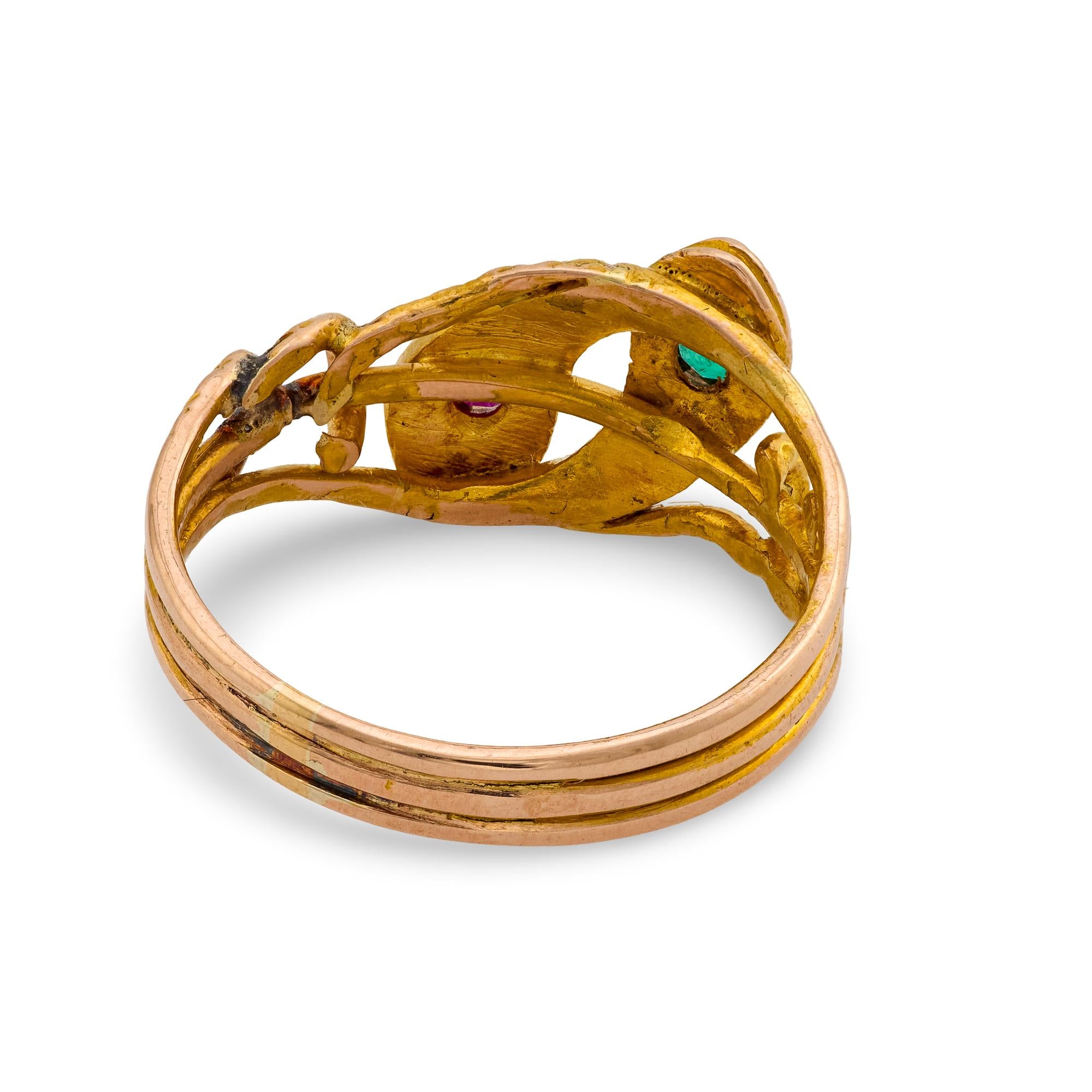 Victorian emerald ruby diamond 18k yellow gold double headed snake ring
