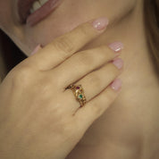 Victorian emerald ruby diamond 18k yellow gold double headed snake ring