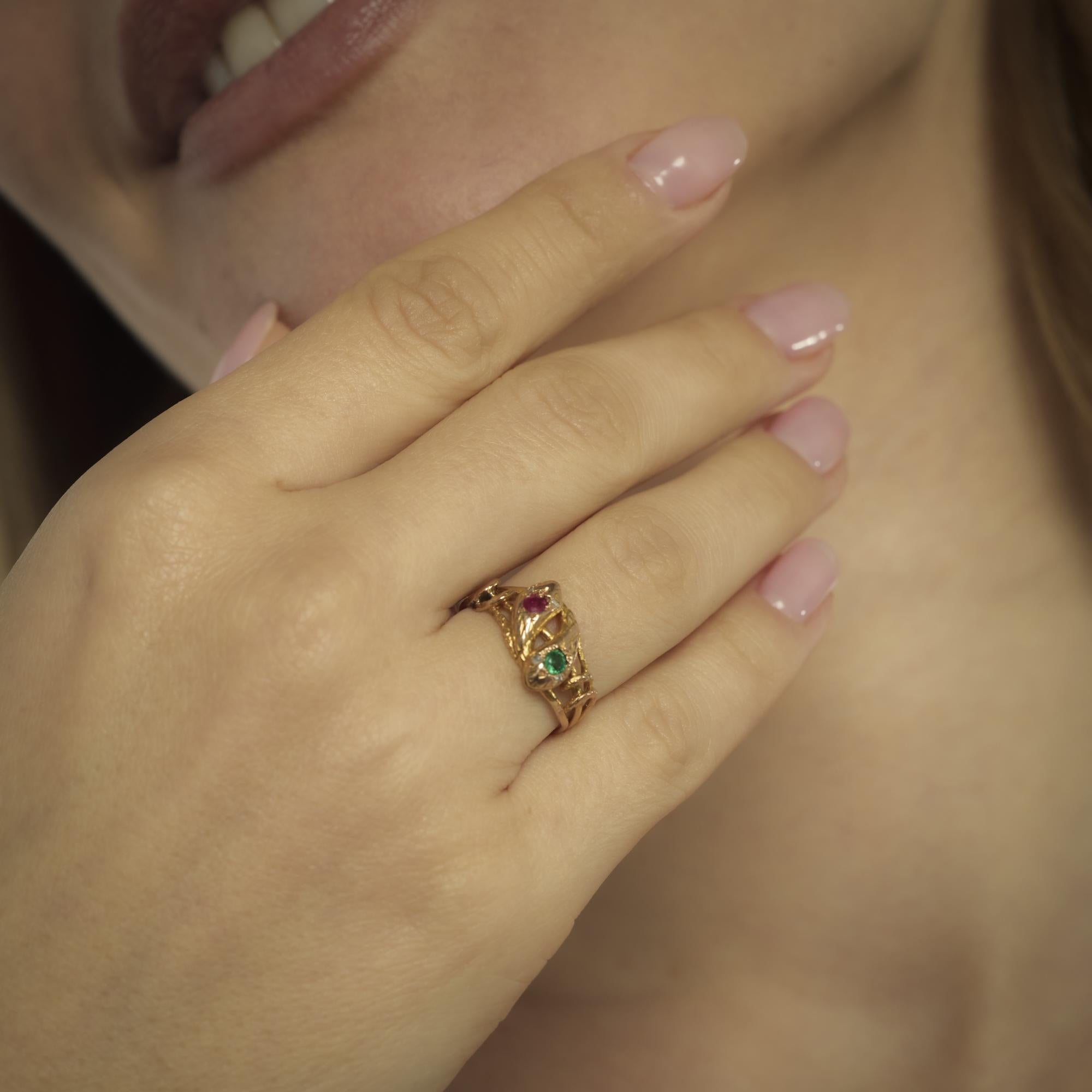 Victorian emerald ruby diamond 18k yellow gold double headed snake ring