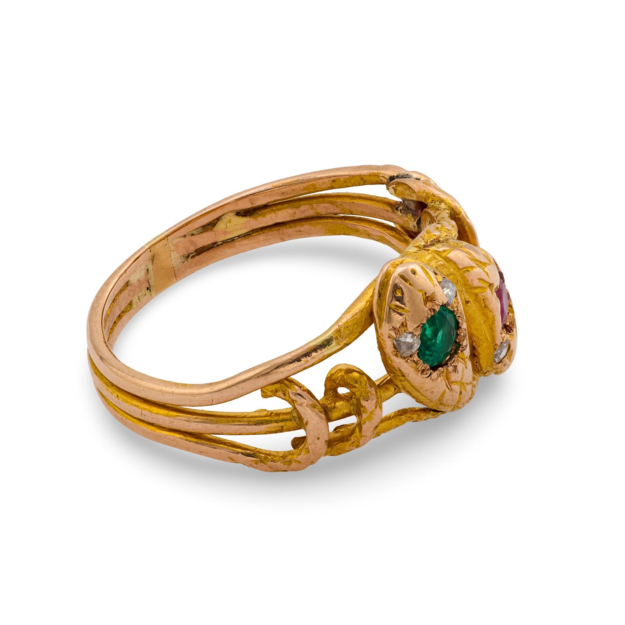 Victorian emerald ruby diamond 18k yellow gold double headed snake ring