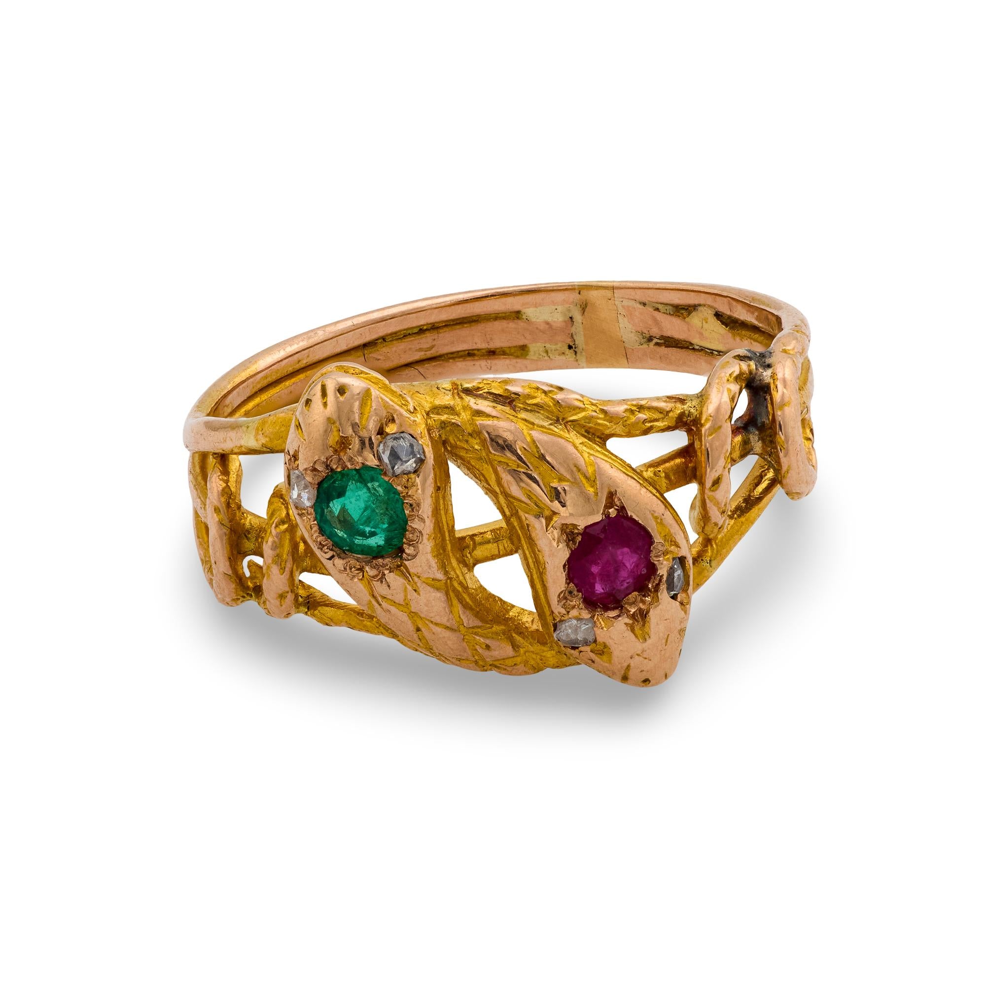 Victorian emerald ruby diamond 18k yellow gold double headed snake ring
