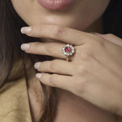 Victorian French GIA 1 carat ruby diamond 18k yellow gold cluster ring