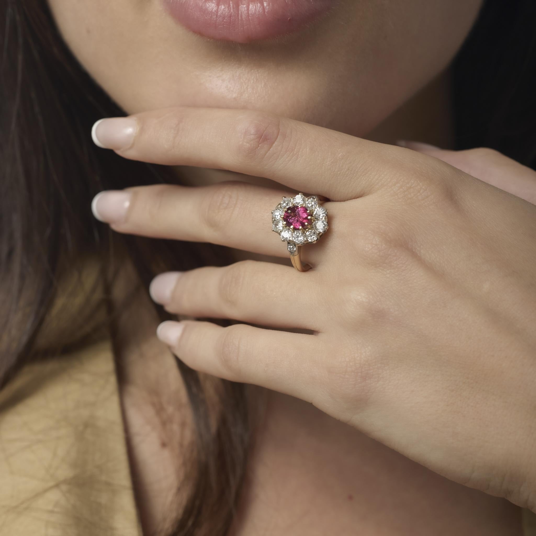 Victorian French GIA 1 carat ruby diamond 18k yellow gold cluster ring