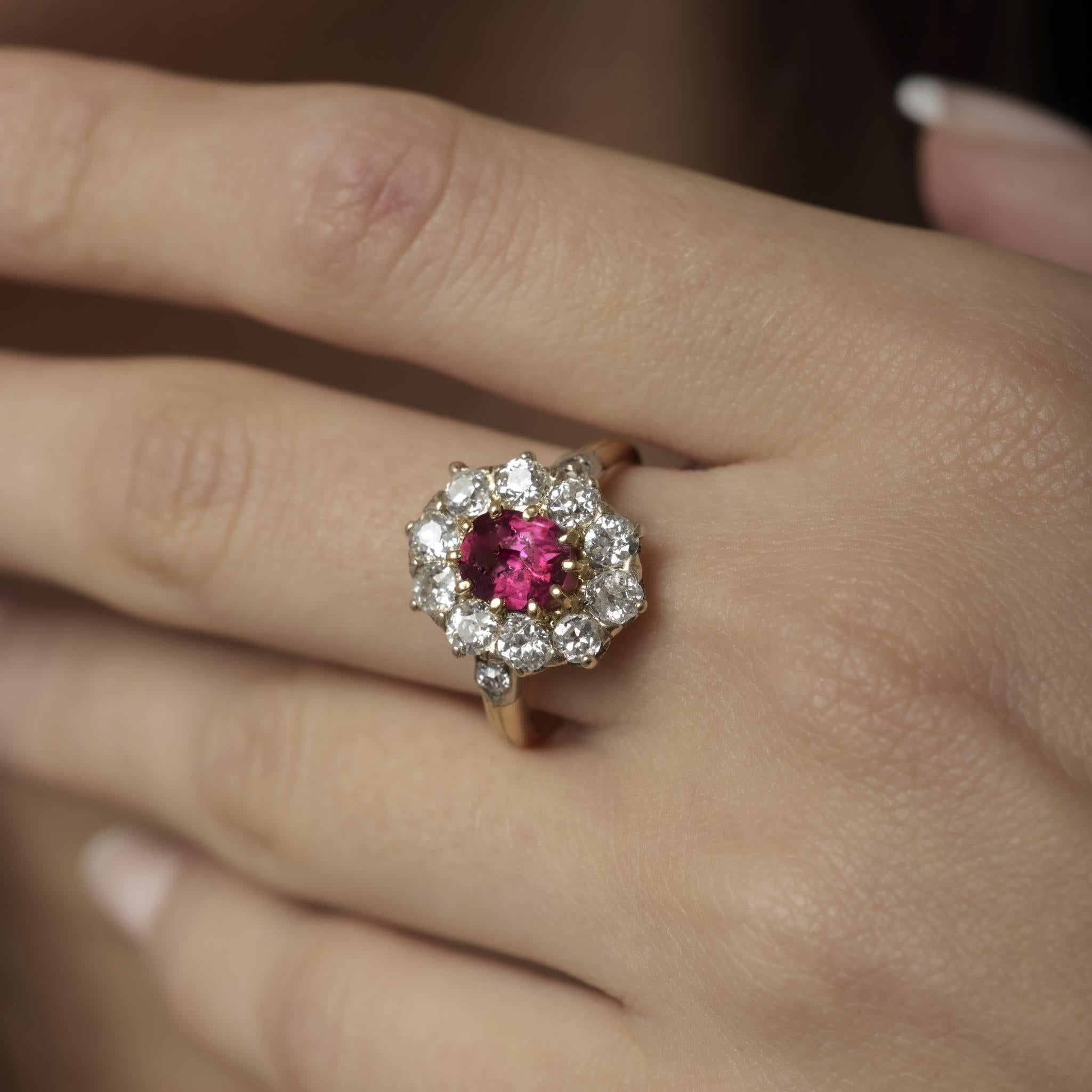 Victorian French GIA 1 carat ruby diamond 18k yellow gold cluster ring