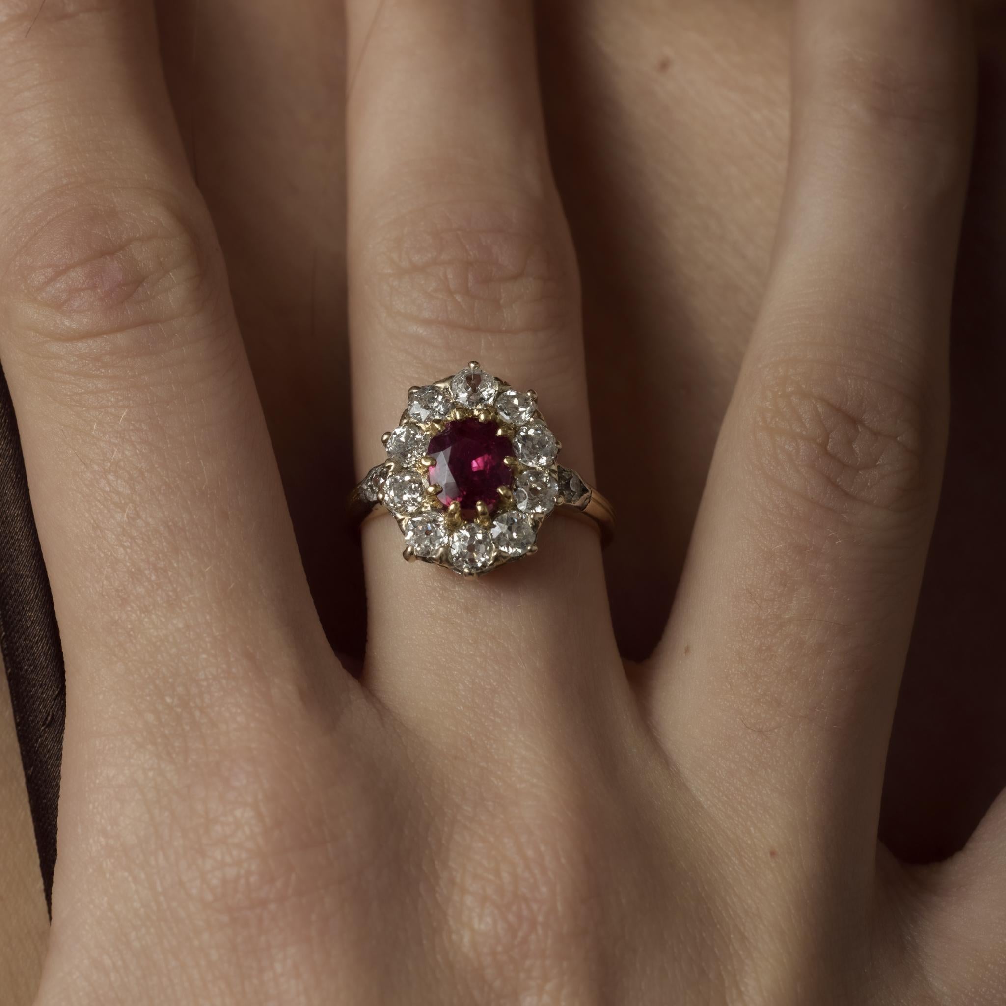 Victorian French GIA 1 carat ruby diamond 18k yellow gold cluster ring