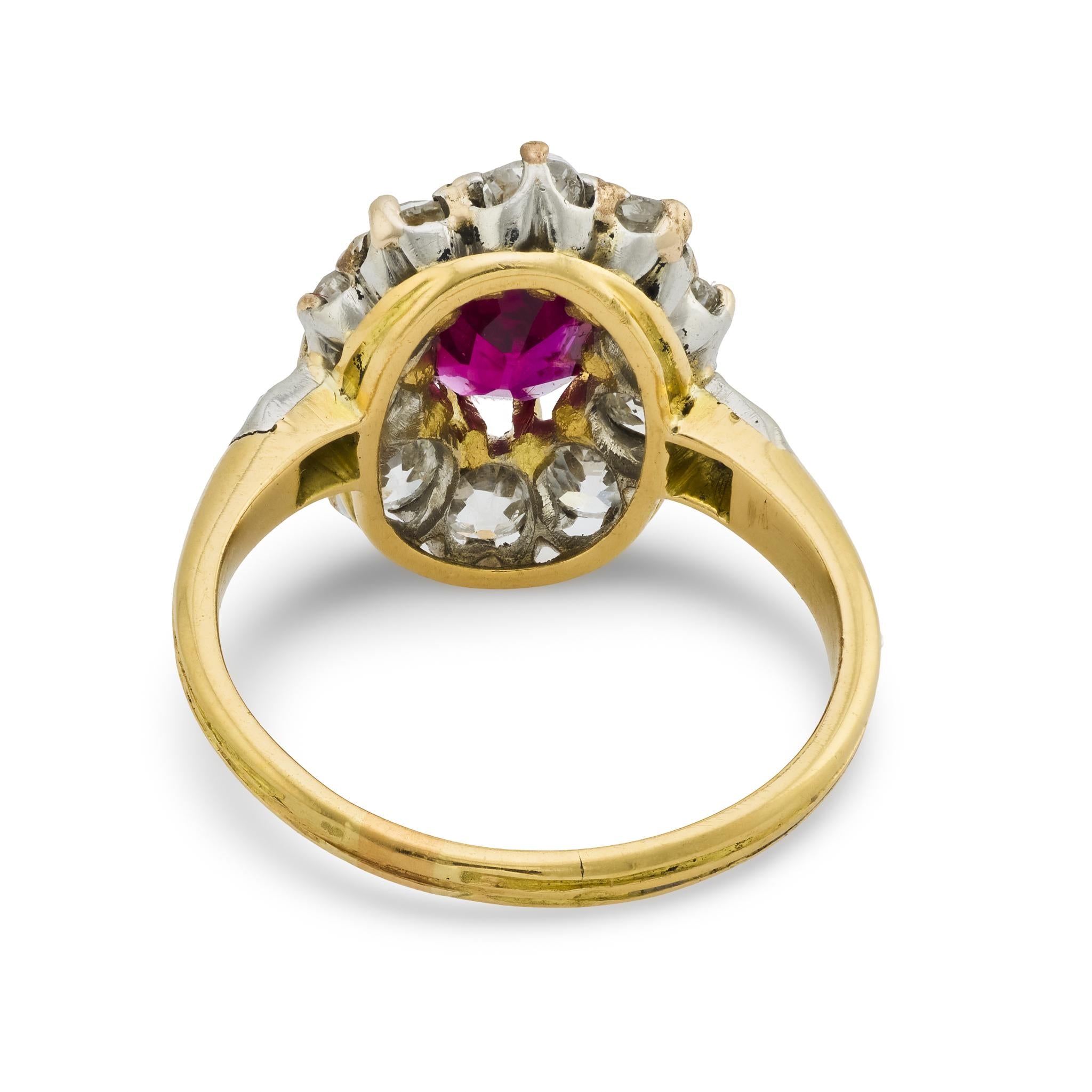 Victorian French GIA 1 carat ruby diamond 18k yellow gold cluster ring
