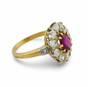Victorian French GIA 1 carat ruby diamond 18k yellow gold cluster ring