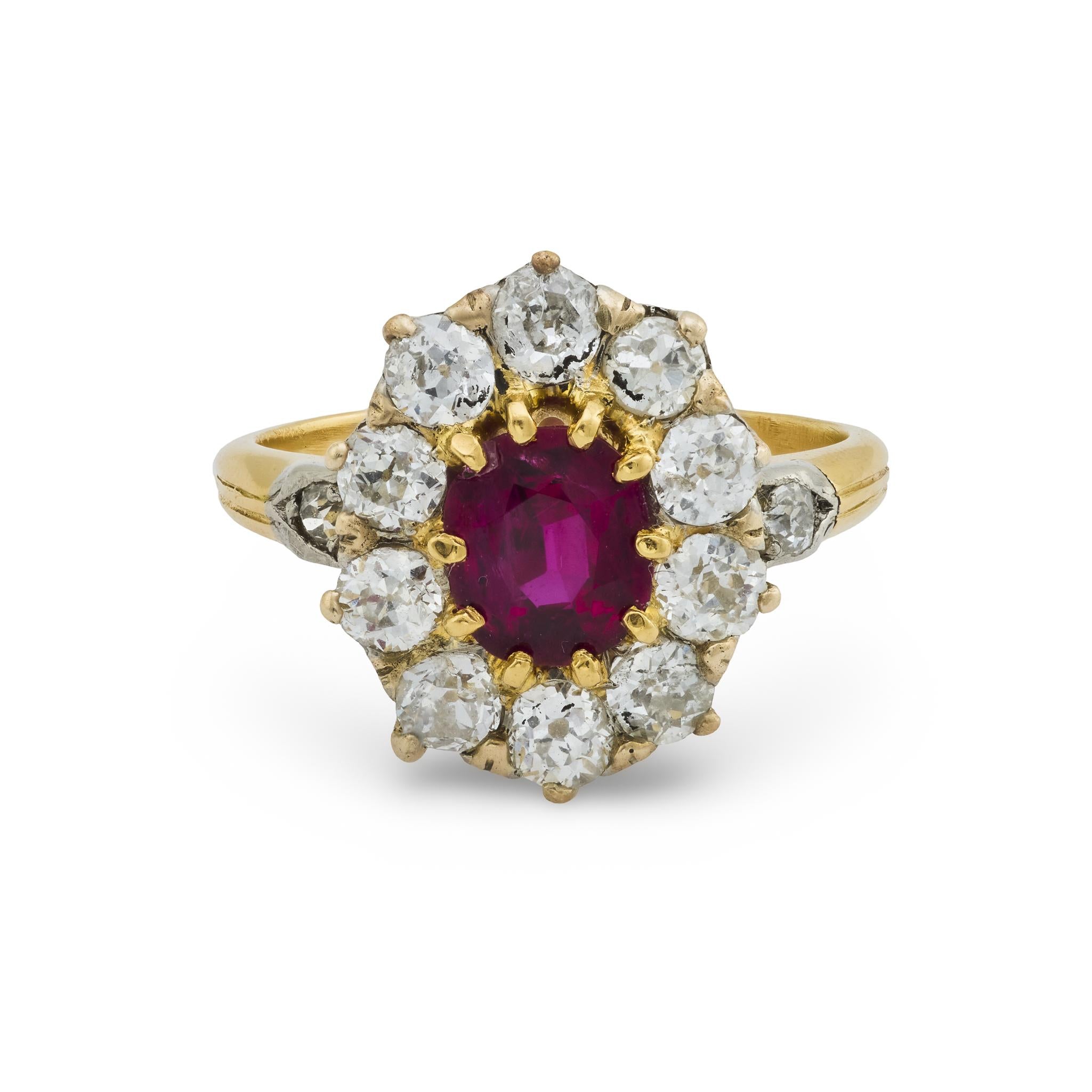 Victorian French GIA 1 carat ruby diamond 18k yellow gold cluster ring