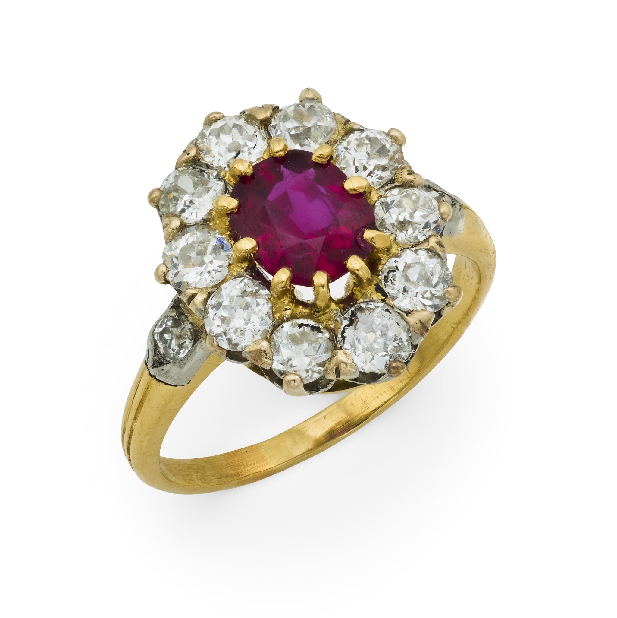 Victorian French GIA 1 carat ruby diamond 18k yellow gold cluster ring