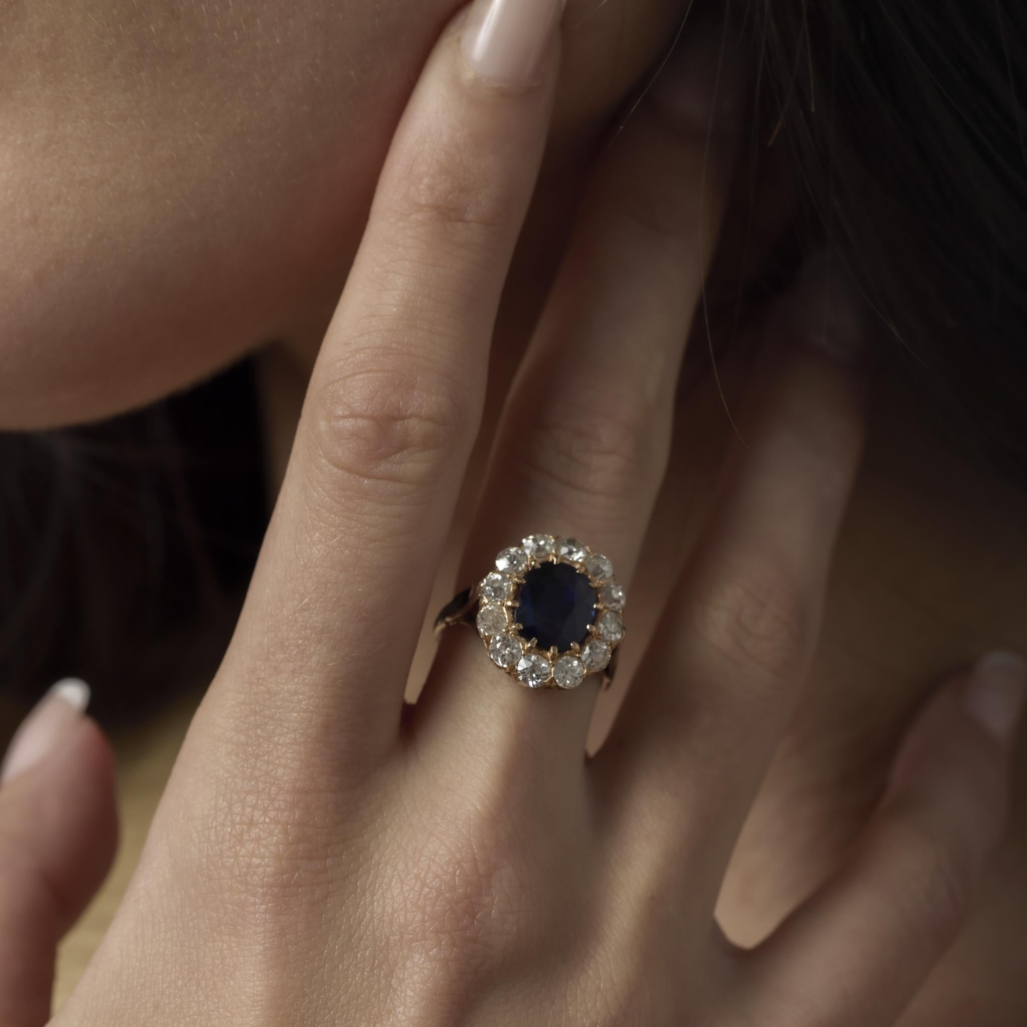 Victorian French GIA 2 carat no heat sapphire diamond 18k yellow gold ring